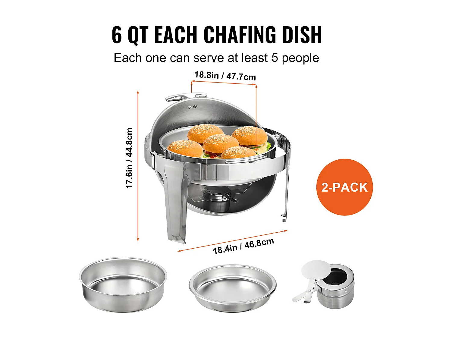 Chauffe-Plats SucceBuy Lot de 2 Plats à Réchaud Ronds avec Couvercle en Acier Inoxydable, Casserole de Taille Standard de 5.5 Litres, Support de Combustible