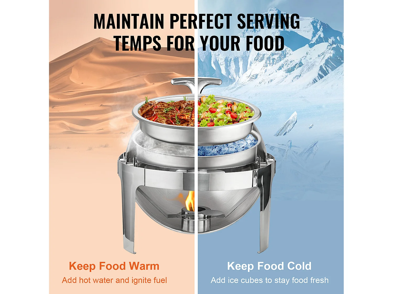 Chauffe-Plats SucceBuy Lot de 2 Plats à Réchaud Ronds avec Couvercle en Acier Inoxydable, Casserole de Taille Standard de 5.5 Litres, Support de Combustible