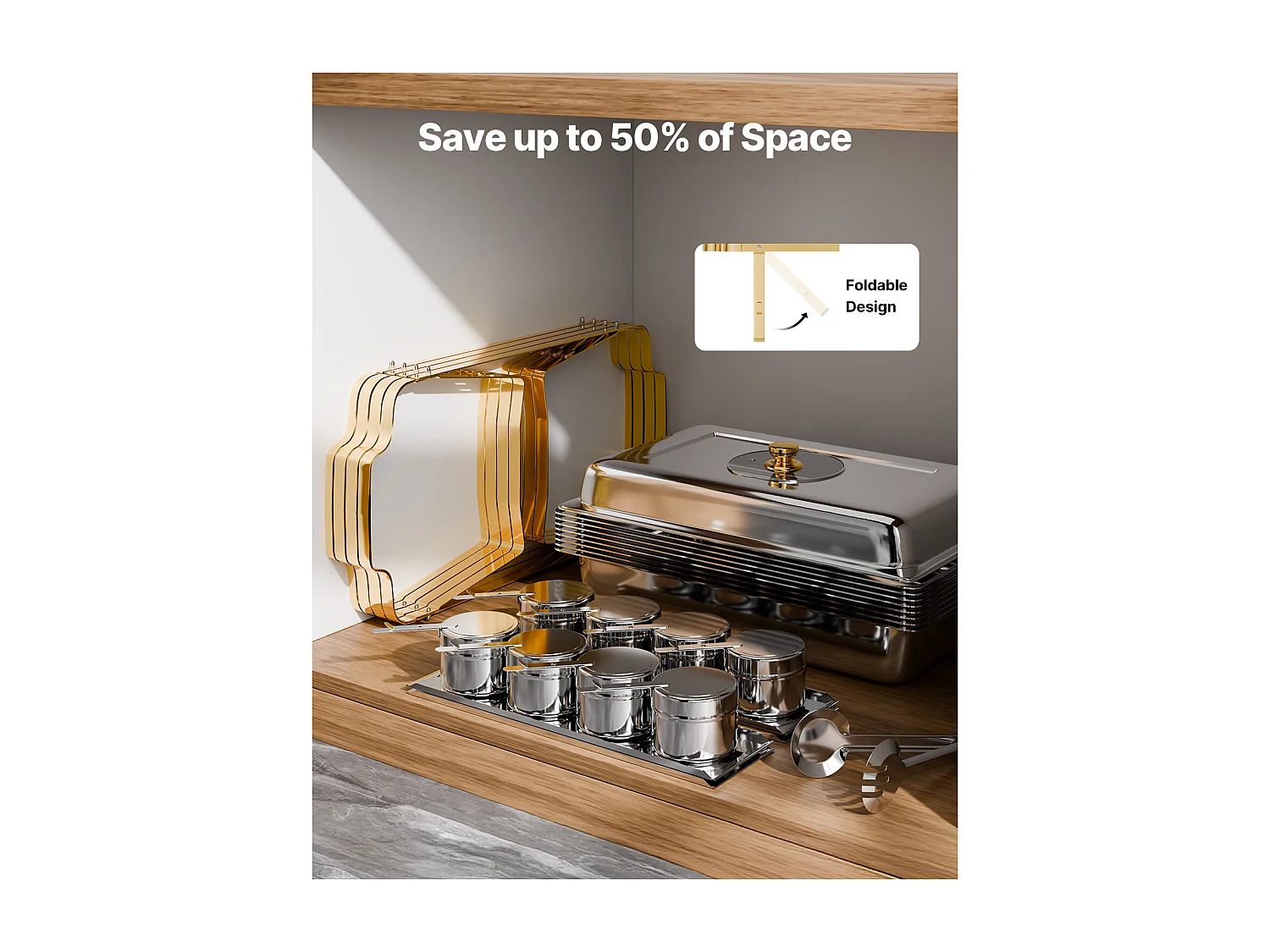 Chauffe-Plats SucceBuy Chauffe-Plat Rectangulaire Lot de 4 Pièces 7,5 L en Acier Inoxydable Doré, Idéal pour Buffet, Hôtel, Traiteur et Restauration