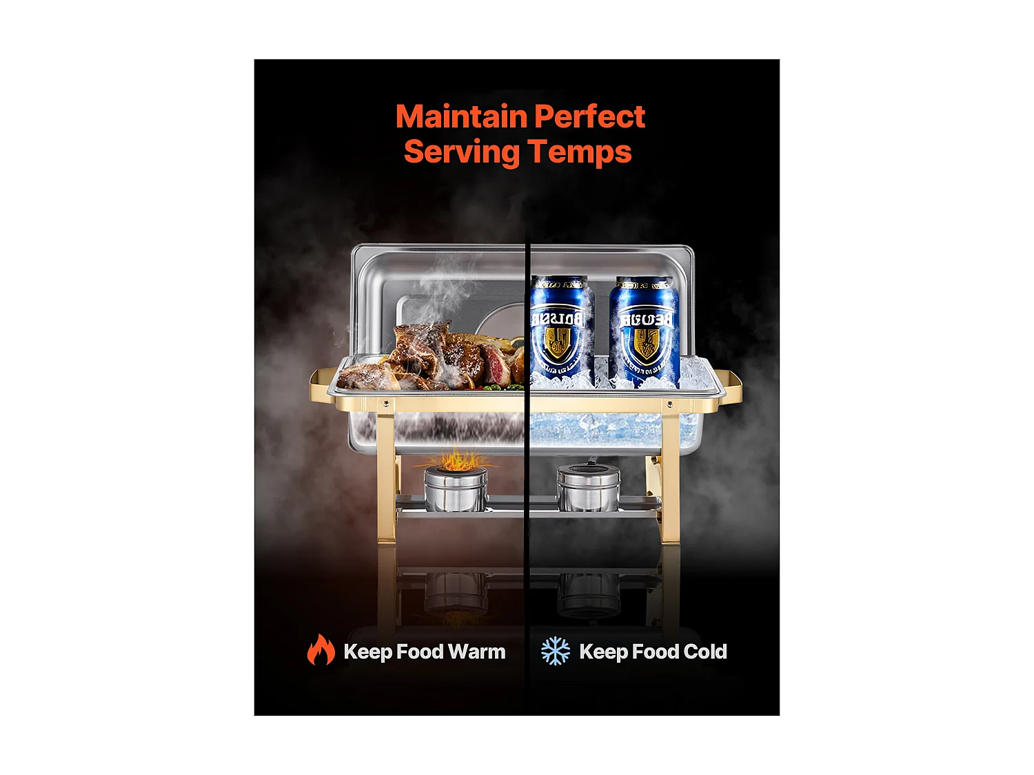 Voedselverwarmers SucceBuy 4-Delige Rechthoekige Buffetwarmerset van 7,5 Liter van Goudkleurig Roestvrij Staal, Ideaal voor Buffetten, Catering en Restaurants