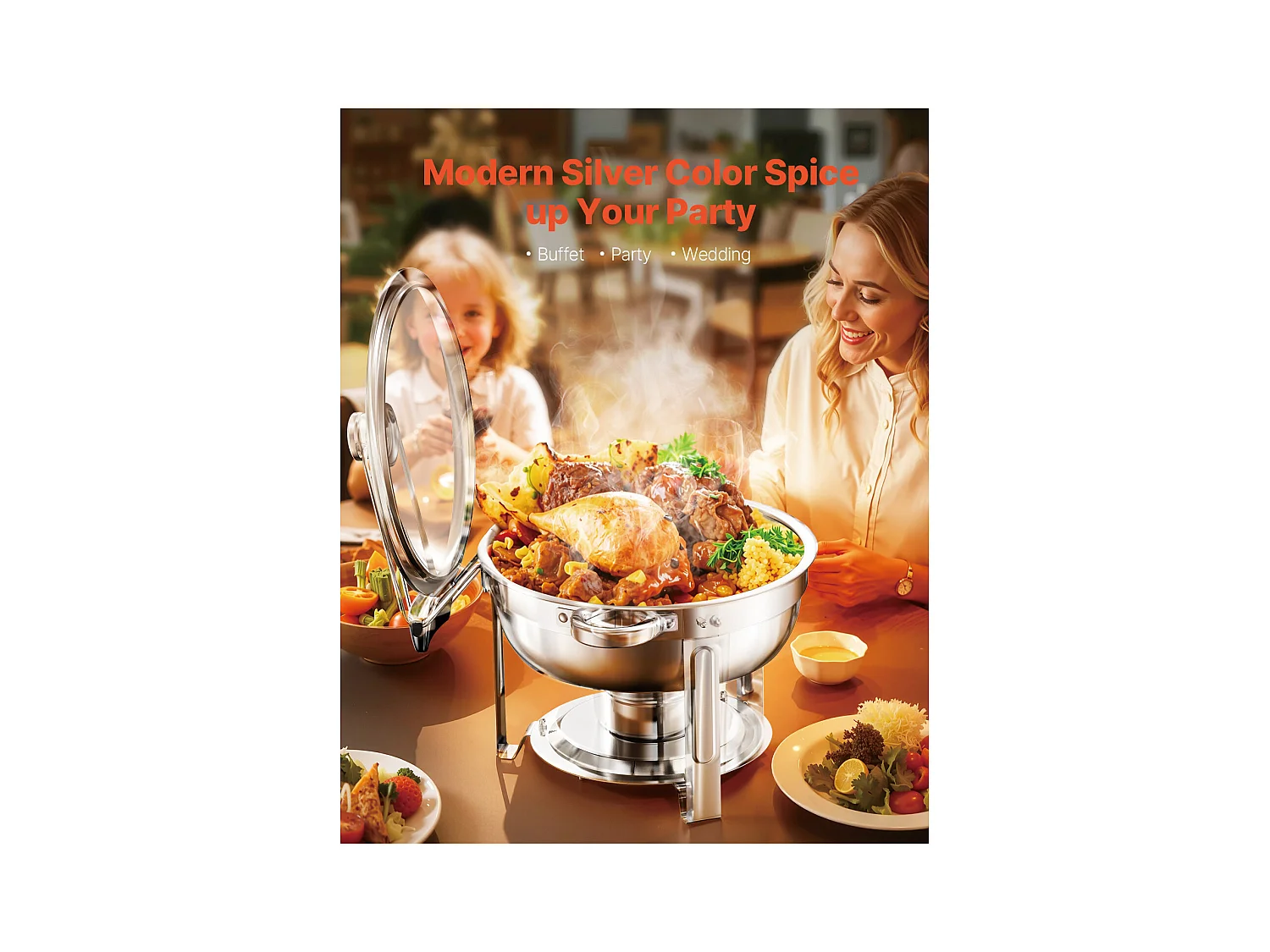 Chauffe-Plats SucceBuy Ensemble Buffet de Réchauds 4.7 L, Lot de 4 Réchauds en Acier Inoxydable avec Poêles Pleine Grandeur, Réchaud Rond