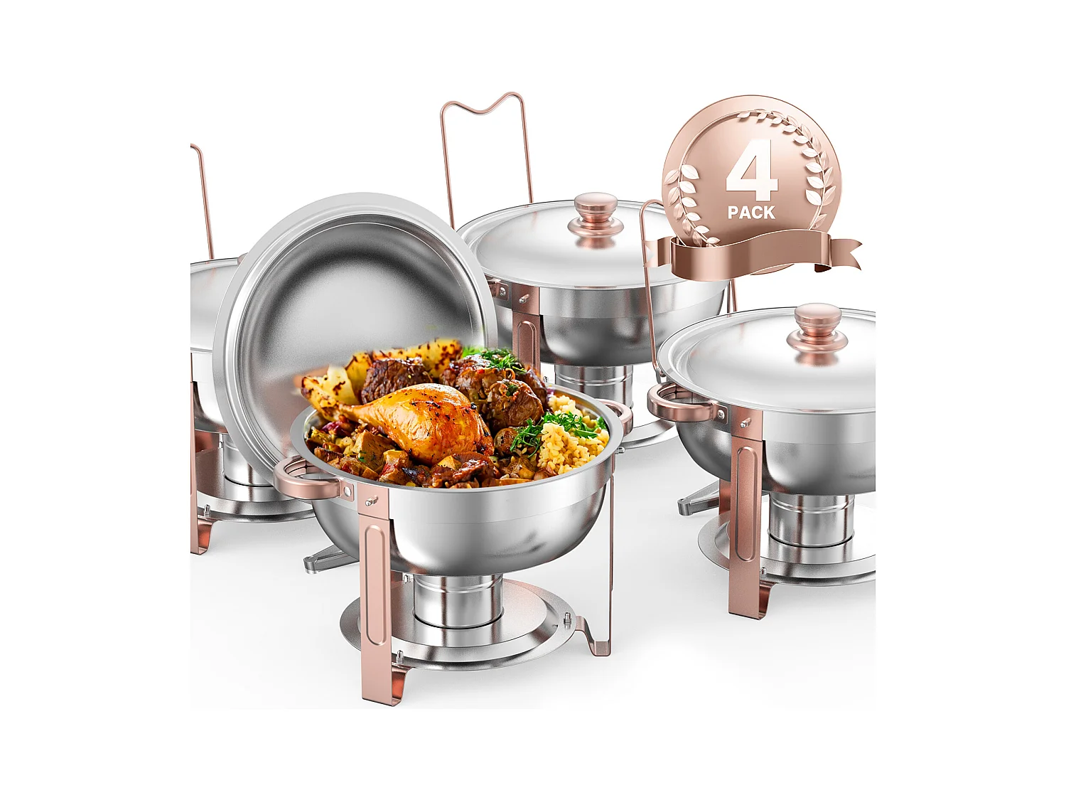 Chauffe-Plats SucceBuy Chauffe-Plat Buffet Rond 4 Pièces 4.7 L avec Couvercle, avec 4 Bacs Grande Capacité, Couvercle et Pince, Idéal pour Buffet