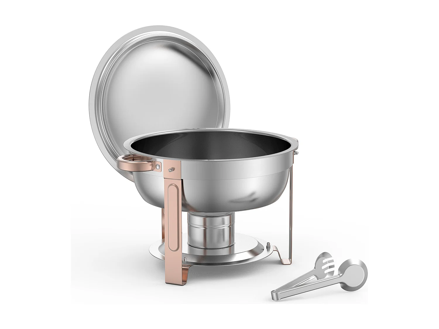 Voedselverwarmers SucceBuy 4-Delige Ronde Buffetwarmer van 4,7 Liter, Chafing Dish van Roestvrij Staal, met 4 Grote Schalen, Deksel en Tang, Roségouden Afwerking