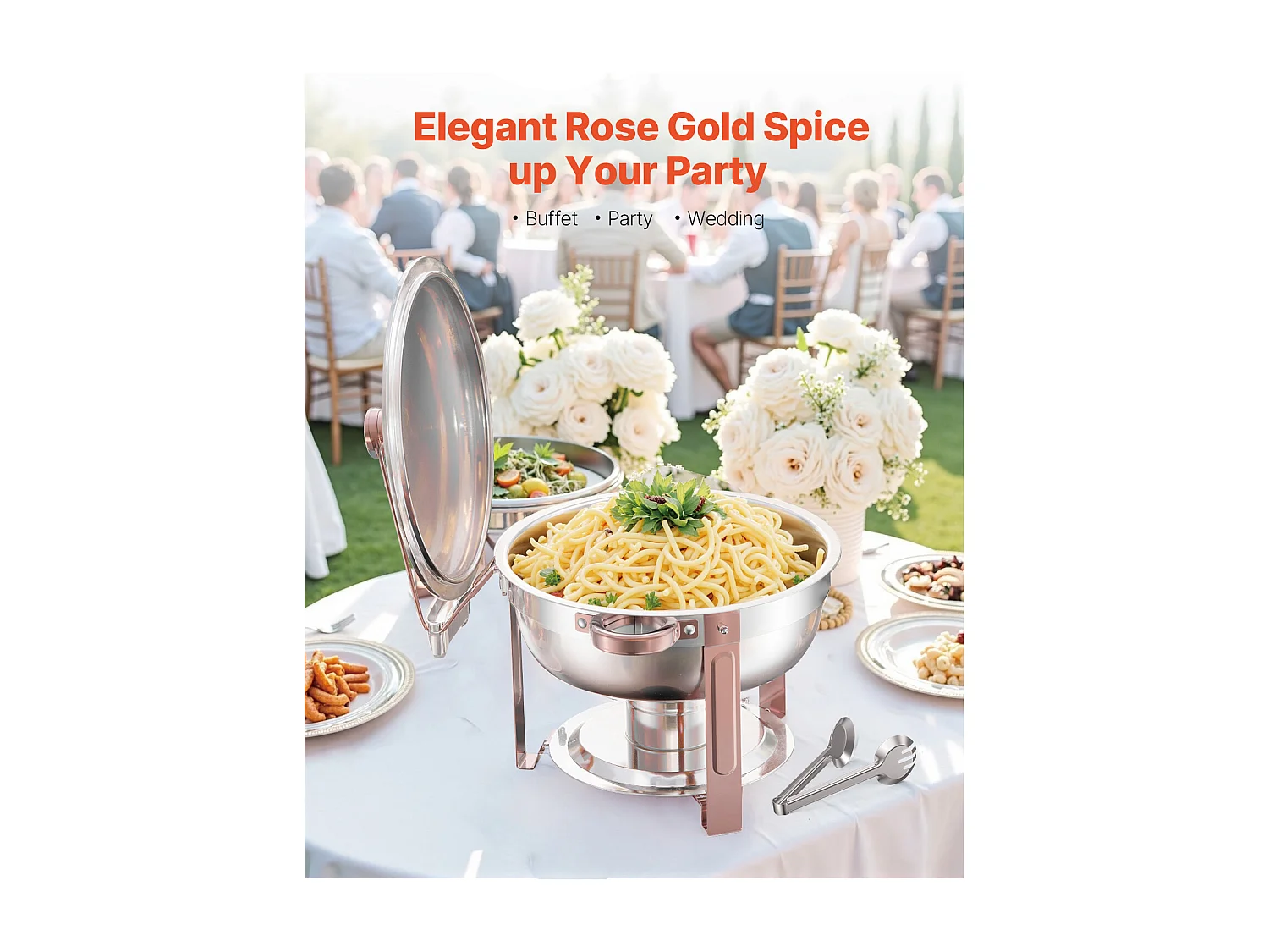 Voedselverwarmers SucceBuy 4-Delige Ronde Buffetwarmer van 4,7 Liter, Chafing Dish van Roestvrij Staal, met 4 Grote Schalen, Deksel en Tang, Roségouden Afwerking