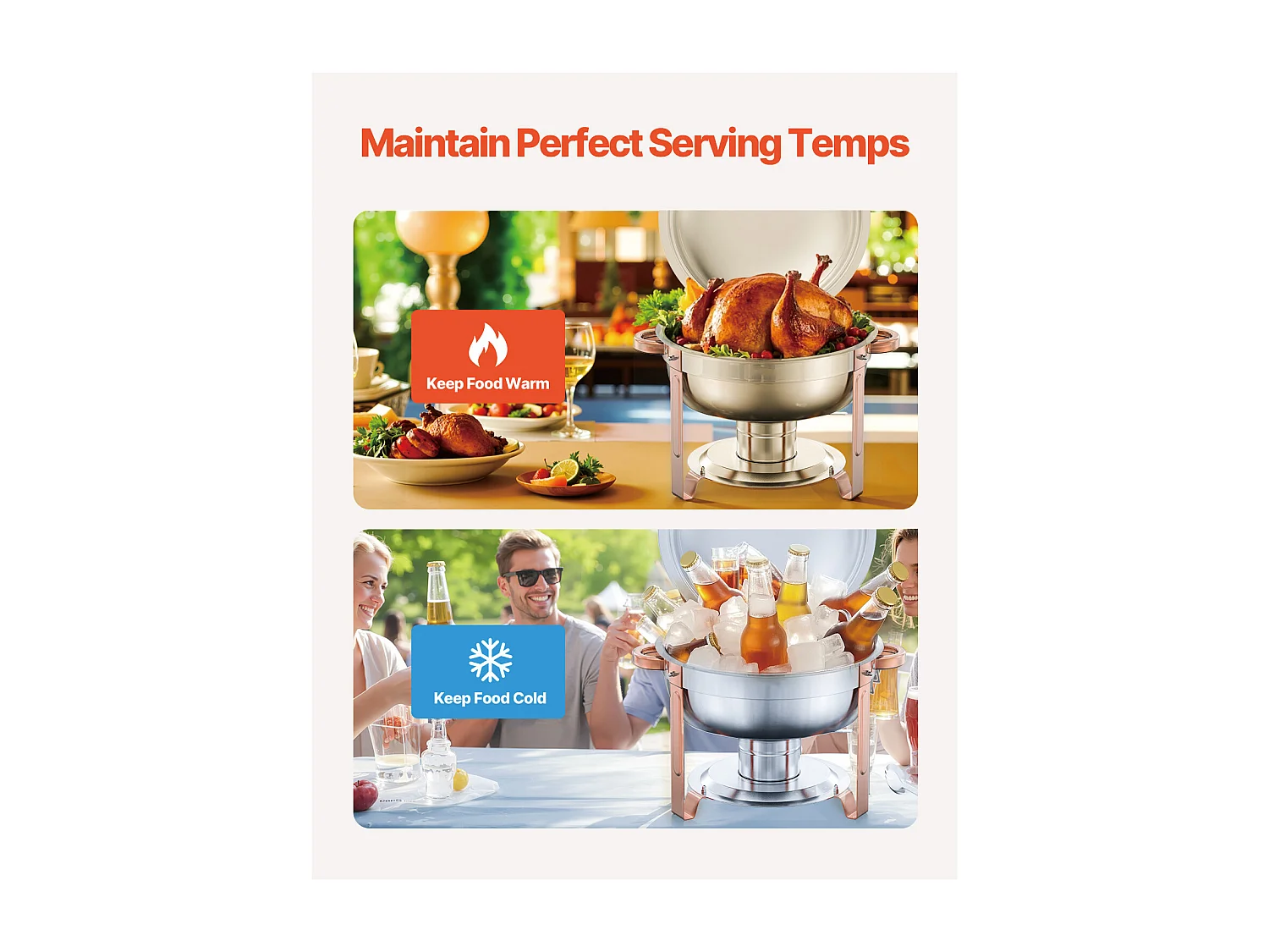 Voedselverwarmers SucceBuy 4-Delige Ronde Buffetwarmer van 4,7 Liter, Chafing Dish van Roestvrij Staal, met 4 Grote Schalen, Deksel en Tang, Roségouden Afwerking