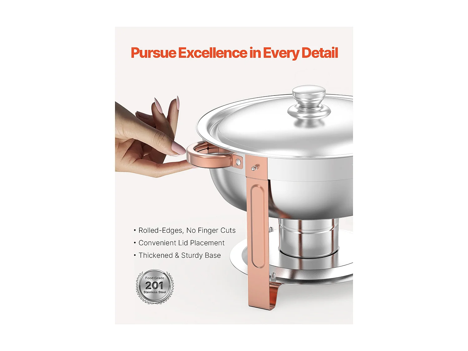 Voedselverwarmers SucceBuy 4-Delige Ronde Buffetwarmer van 4,7 Liter, Chafing Dish van Roestvrij Staal, met 4 Grote Schalen, Deksel en Tang, Roségouden Afwerking