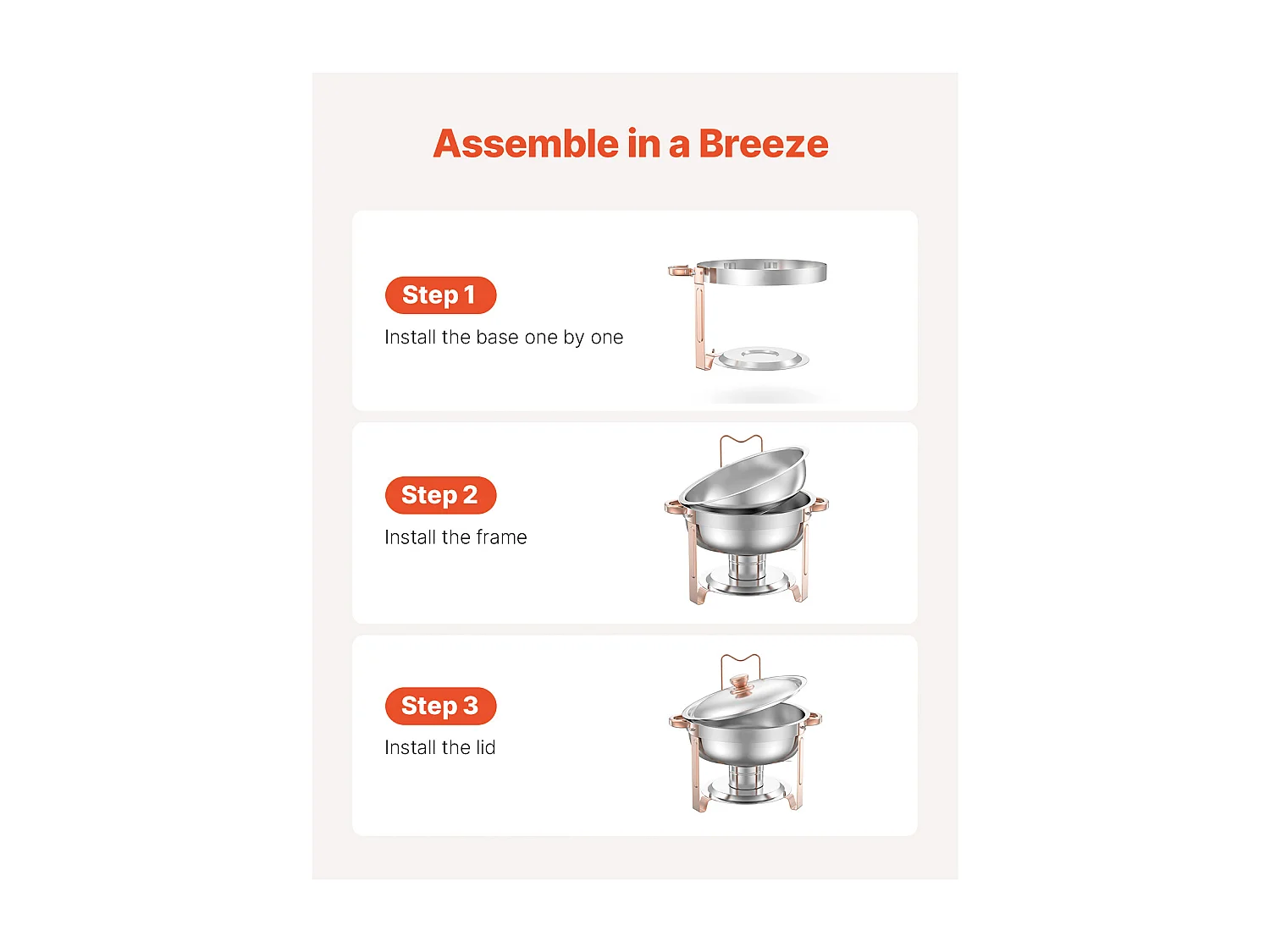 Voedselverwarmers SucceBuy 4-Delige Ronde Buffetwarmer van 4,7 Liter, Chafing Dish van Roestvrij Staal, met 4 Grote Schalen, Deksel en Tang, Roségouden Afwerking