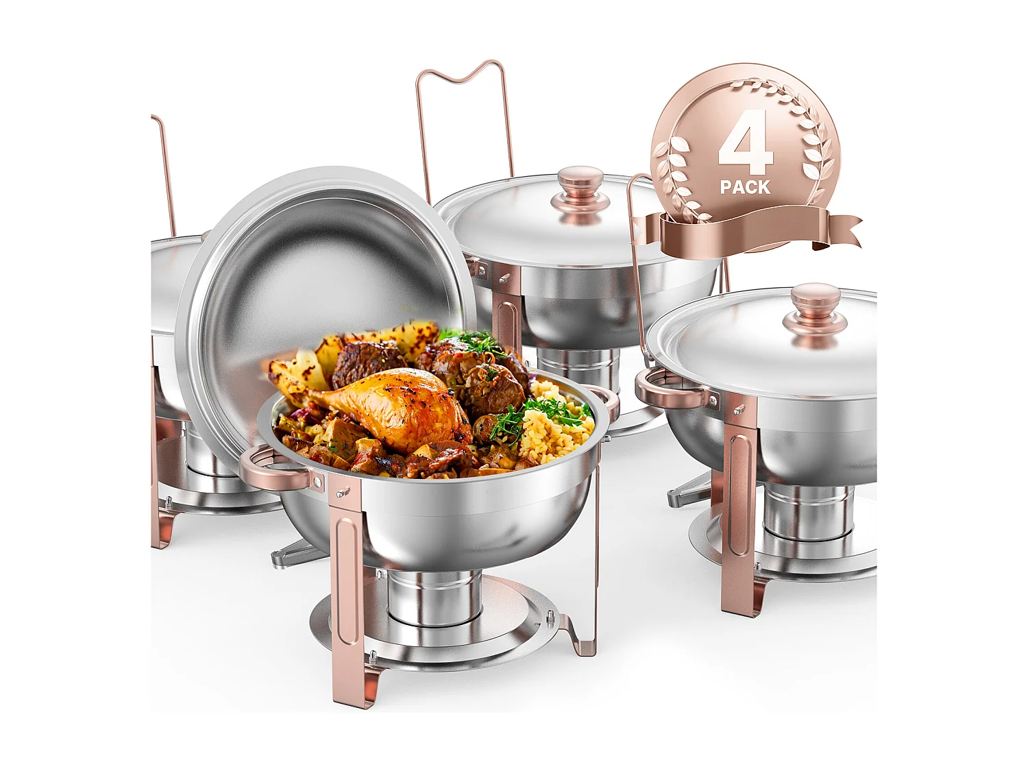 Voedselverwarmers SucceBuy 4-Delige Ronde Buffetwarmer van 4,7 Liter, Chafing Dish van Roestvrij Staal, met 4 Grote Schalen, Deksel en Tang, Roségouden Afwerking