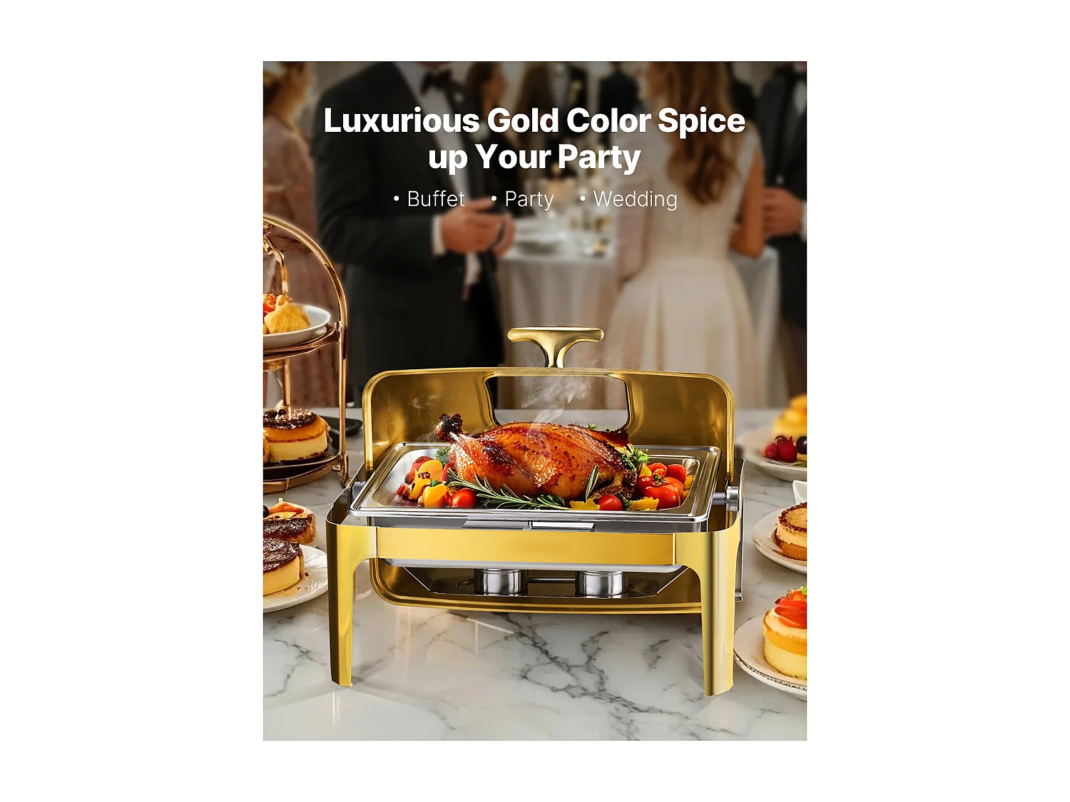 Chauffe-Plats SucceBuy Ensemble de Plats à Réchaud Rectangulaires à Couvercle Enroulable de 8.5 L avec Poêle en Acier Inoxydable Pleine Grandeur