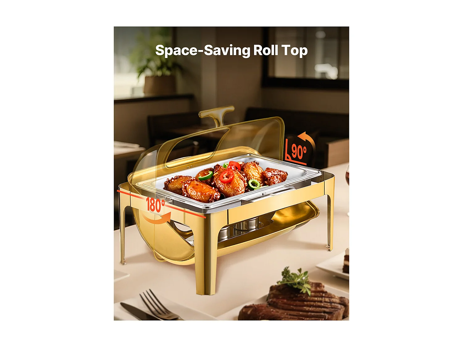 Chauffe-Plats SucceBuy Ensemble de Plats à Réchaud Rectangulaires à Couvercle Enroulable de 8.5 L avec Poêle en Acier Inoxydable Pleine Grandeur