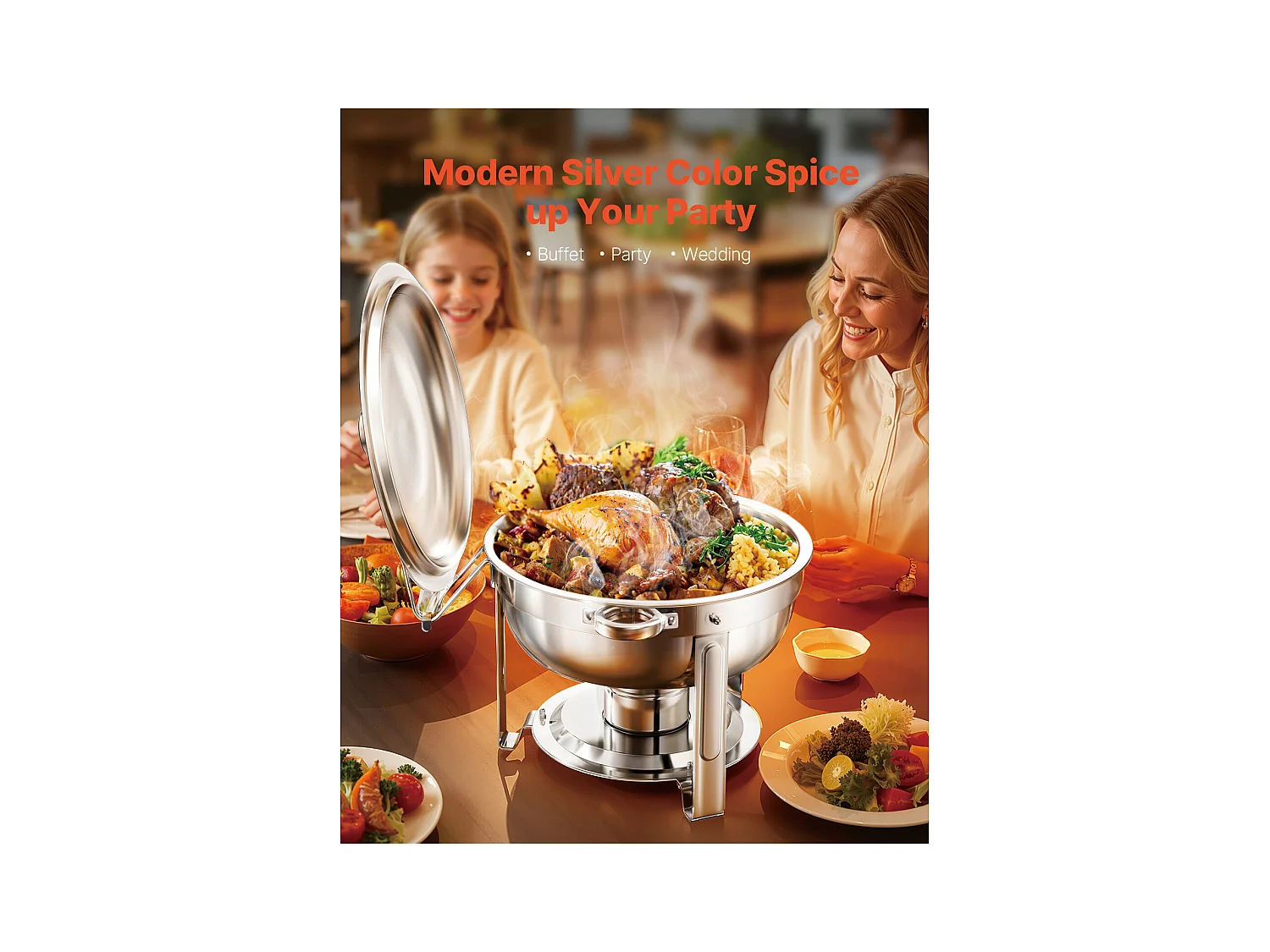 Chauffe-Plats SucceBuy Chauffe-Plat 2 Pièces 4.7 L, Buffet Chauffant Rond en Acier Inoxydable, avec 2 Bacs Pleine Taille, Couvercle et Pince