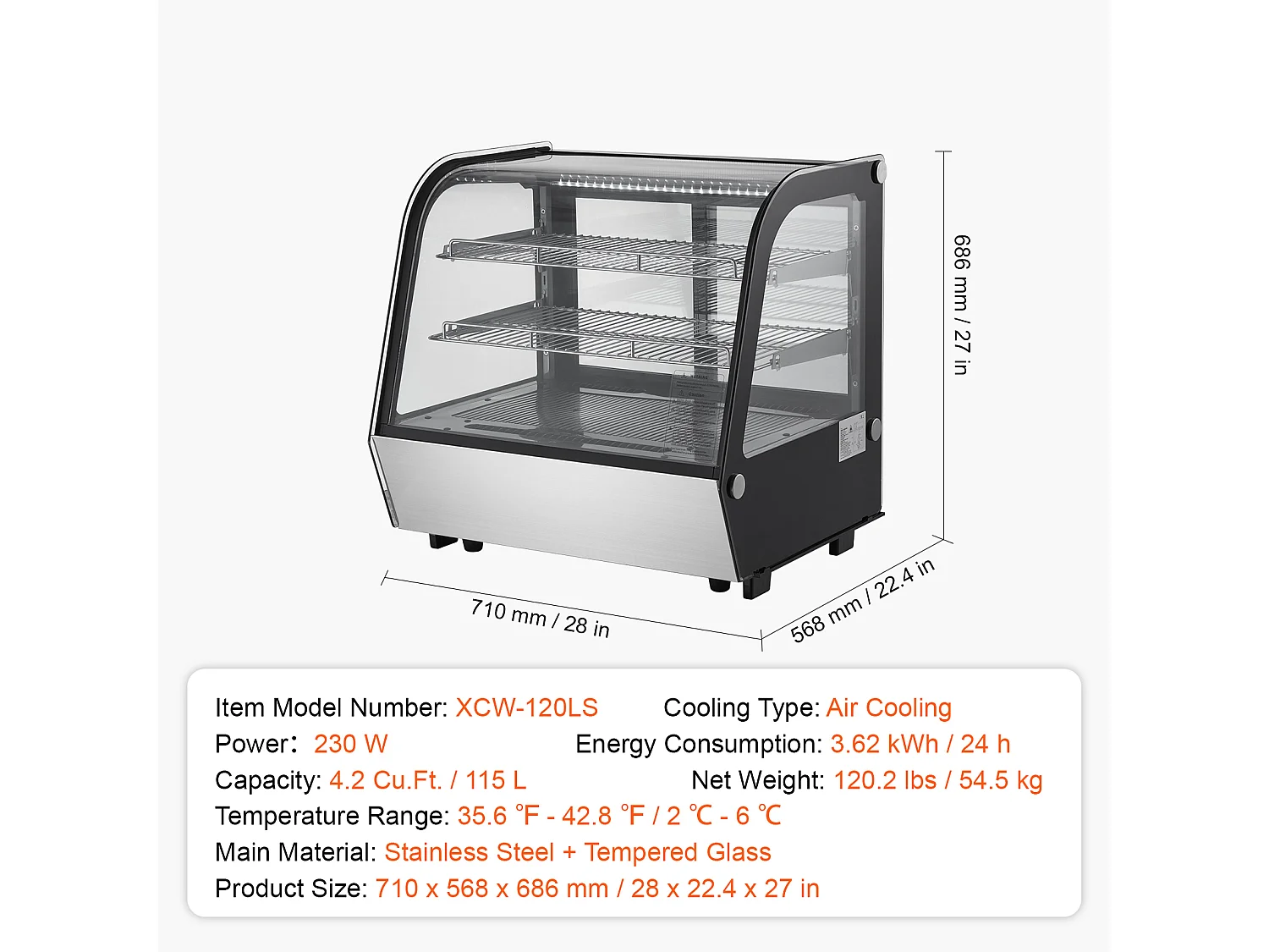 Vitrine Refrigerada SucceBuy, Vitrine de Confeitaria de Balcão de 115 L, Refrigerador Comercial a 2 Níveis com Iluminação LED, Arrefecimento TURBO