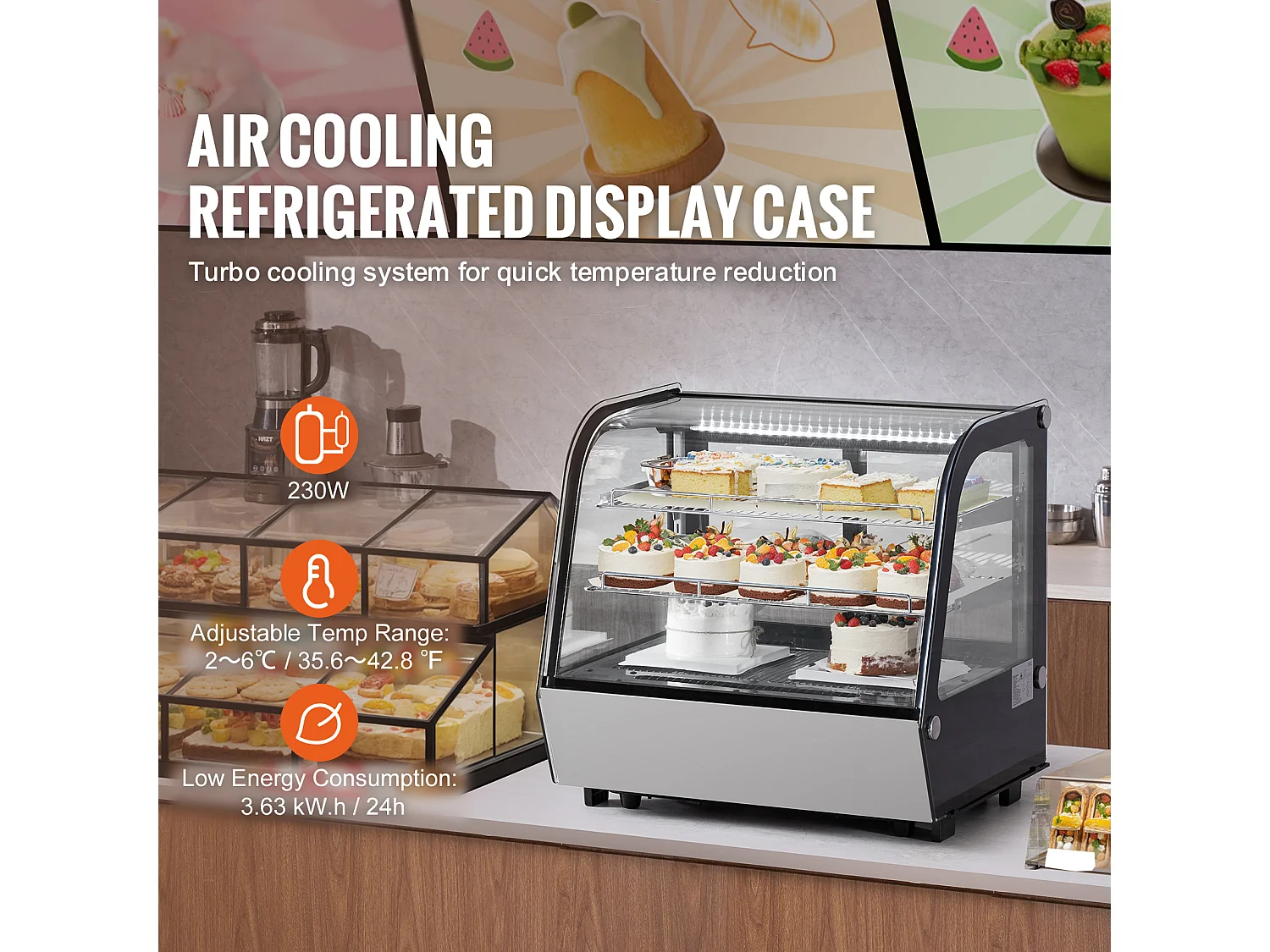 Vitrine Refrigerada SucceBuy, Vitrine de Confeitaria de Balcão de 115 L, Refrigerador Comercial a 2 Níveis com Iluminação LED, Arrefecimento TURBO