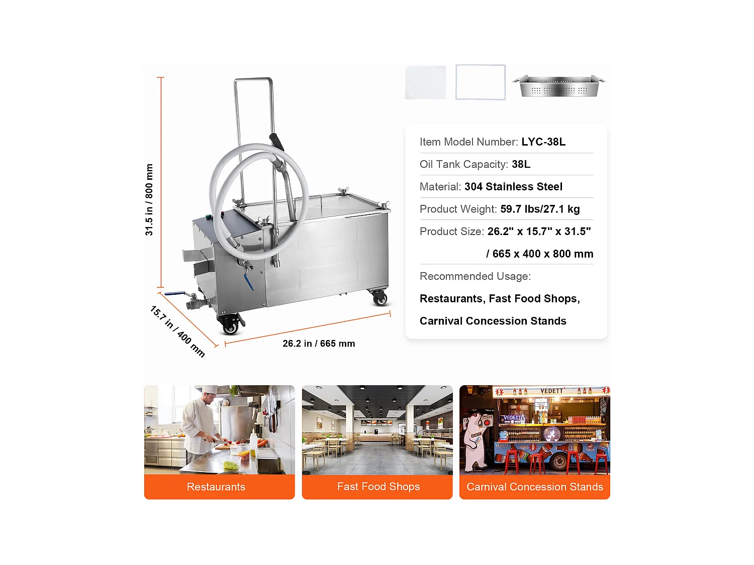 Système de Filtration d'Huile SucceBuy de Cuisson Commerciale 38L, Vitesse de Filtration de 10 L/min, Système de Filtration d'Huile Portable