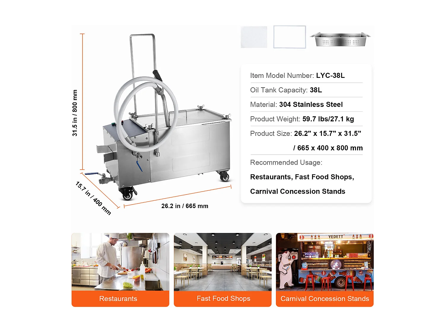 Olie-Filtratiesysteem SucceBuy voor Commerciële Keuken 38L, Filtratiesnelheid van 10 L/min, Draagbaar Olie-Filtratiesysteem
