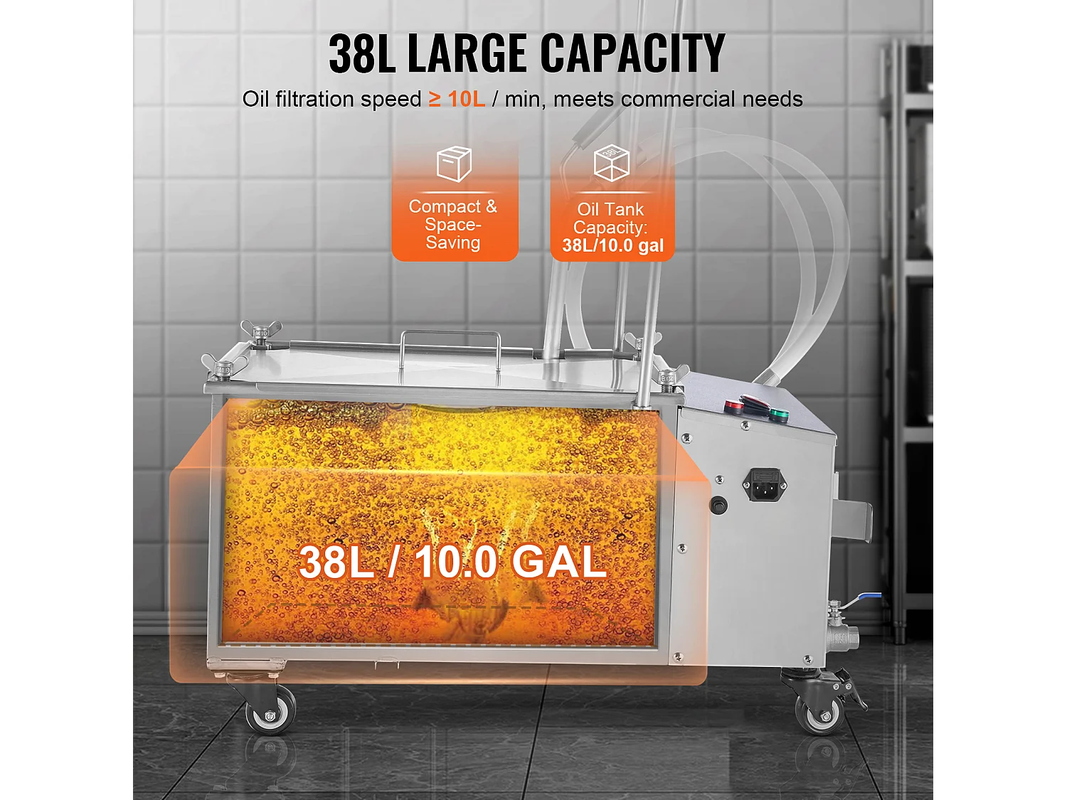 Olie-Filtratiesysteem SucceBuy voor Commerciële Keuken 38L, Filtratiesnelheid van 10 L/min, Draagbaar Olie-Filtratiesysteem
