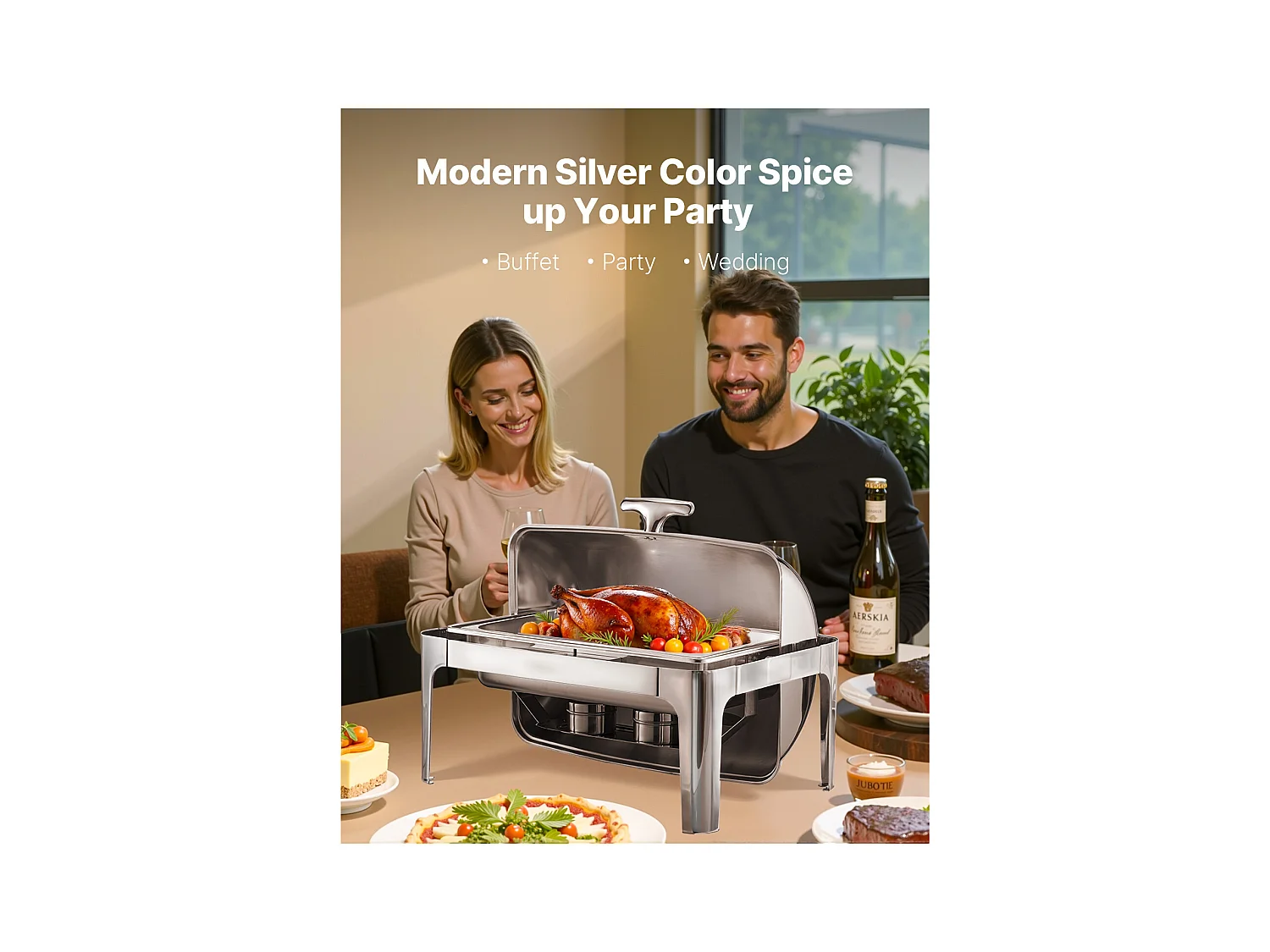 Chauffe-Plats SucceBuy Ensemble de Réchauds Rectangulaires 8.5 L avec Couvercle à Roulettes, en Acier Inoxydable, avec Poêle Pleine Grandeur