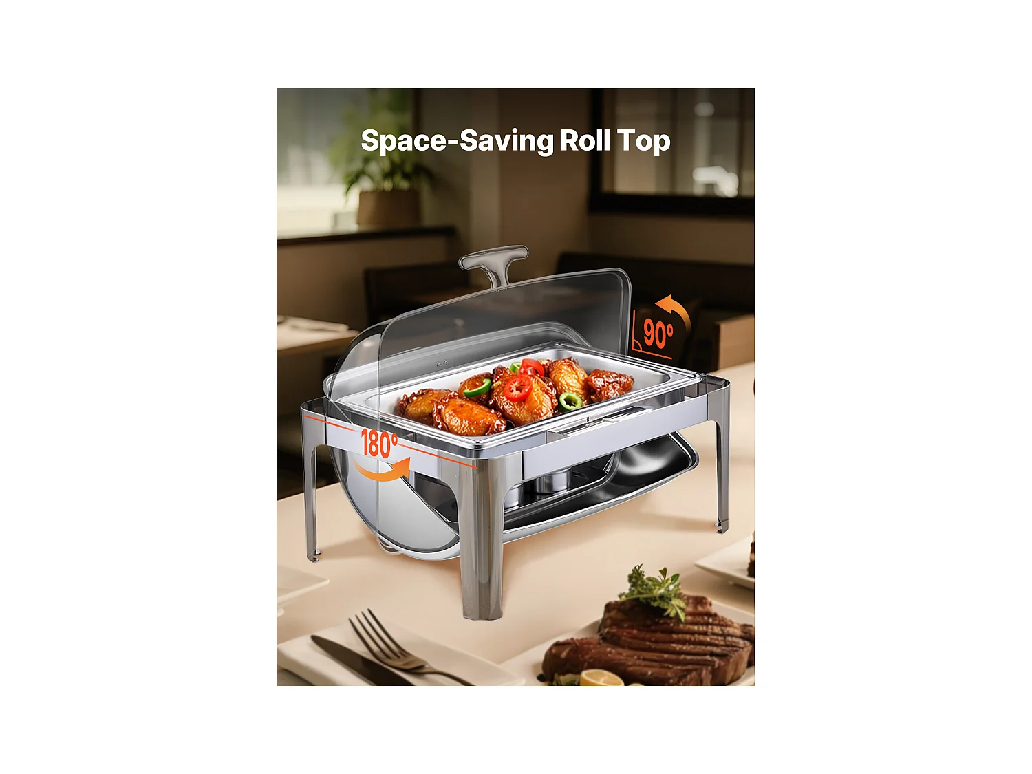 Chauffe-Plats SucceBuy Ensemble de Réchauds Rectangulaires 8.5 L avec Couvercle à Roulettes, en Acier Inoxydable, avec Poêle Pleine Grandeur