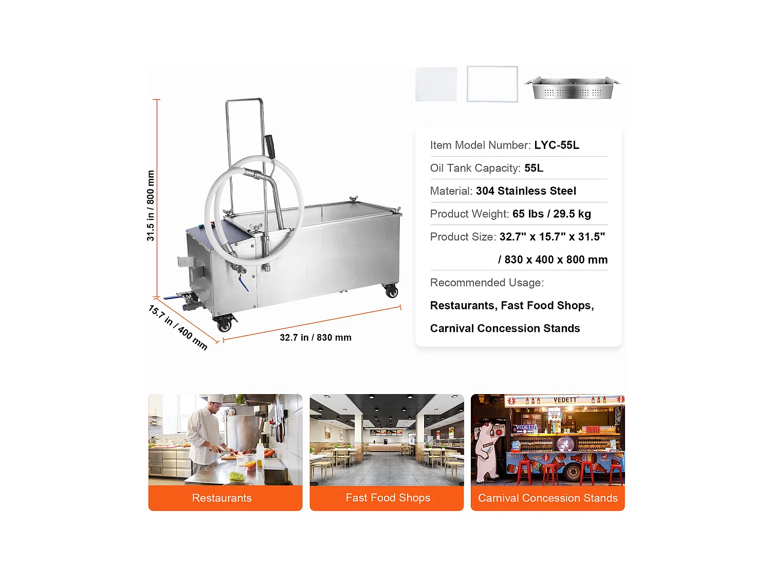Système de Filtration d'Huile SucceBuy pour Friteuse Commerciale, Capacité de 55 L, Vitesse de Filtration de 10 L/min, avec Roues Pivotantes et Tuyau