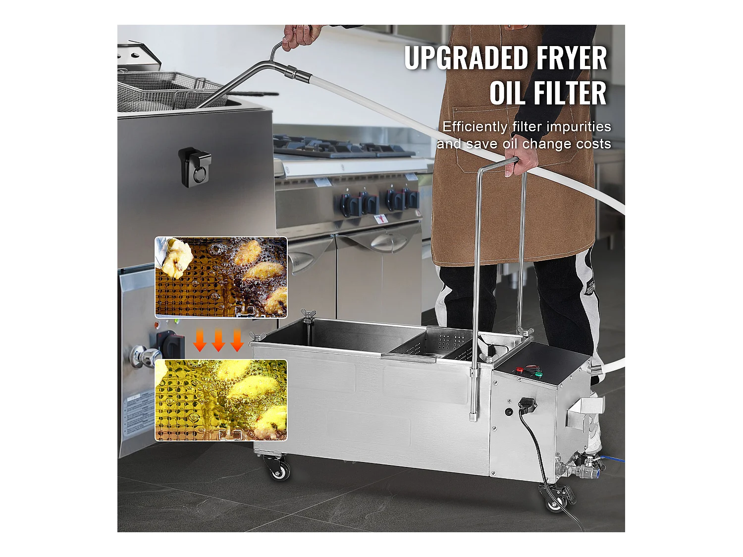 Système de Filtration d'Huile SucceBuy pour Friteuse Commerciale, Capacité de 55 L, Vitesse de Filtration de 10 L/min, avec Roues Pivotantes et Tuyau