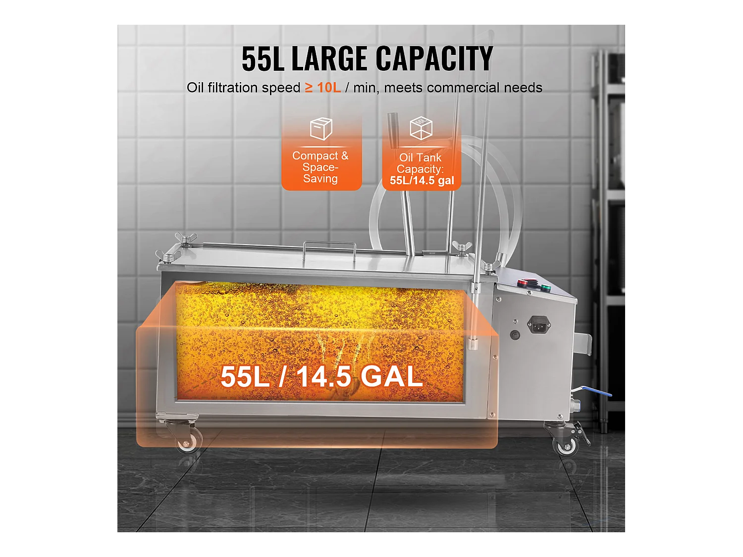 Système de Filtration d'Huile SucceBuy pour Friteuse Commerciale, Capacité de 55 L, Vitesse de Filtration de 10 L/min, avec Roues Pivotantes et Tuyau