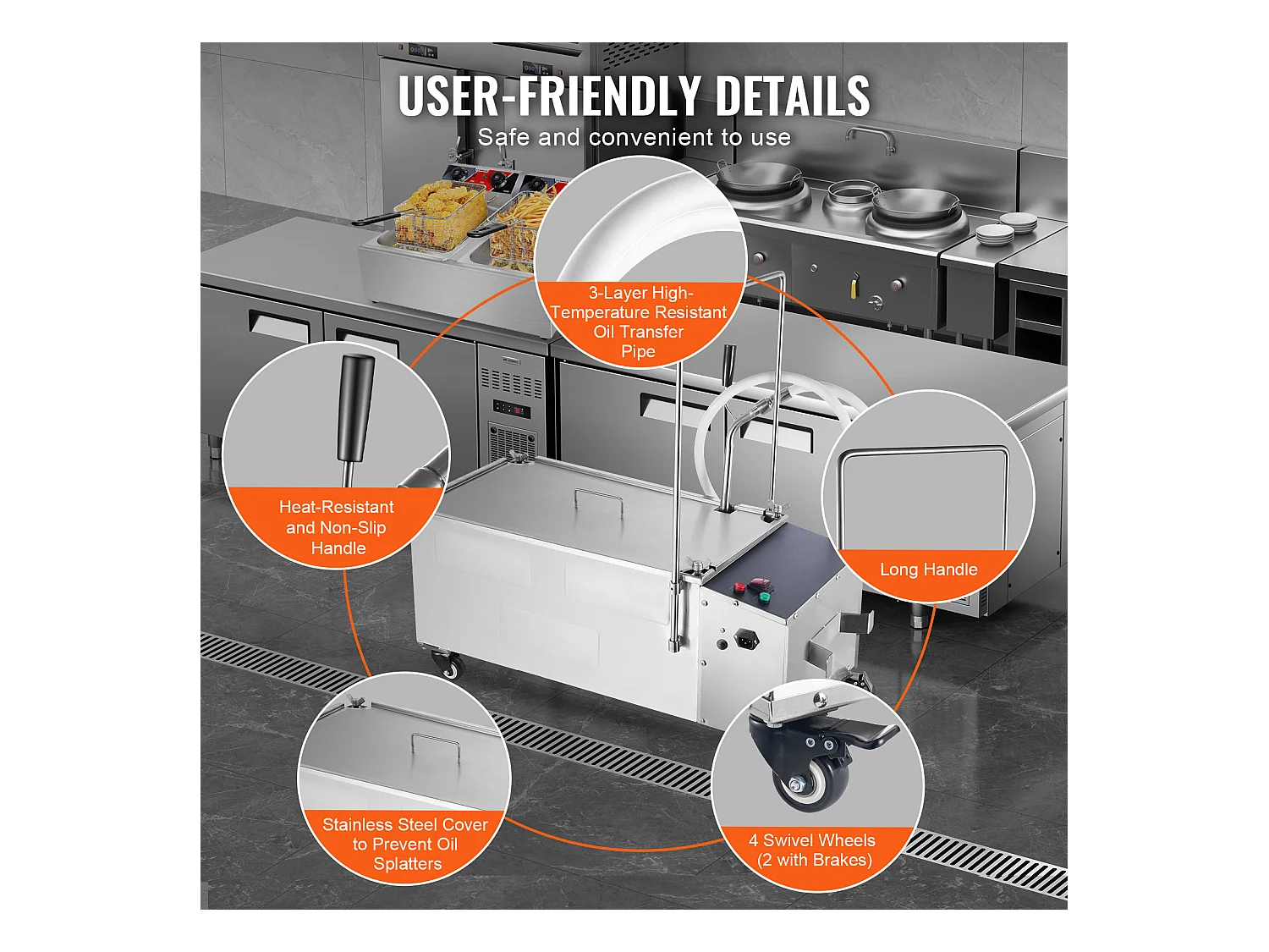 Système de Filtration d'Huile SucceBuy pour Friteuse Commerciale, Capacité de 55 L, Vitesse de Filtration de 10 L/min, avec Roues Pivotantes et Tuyau