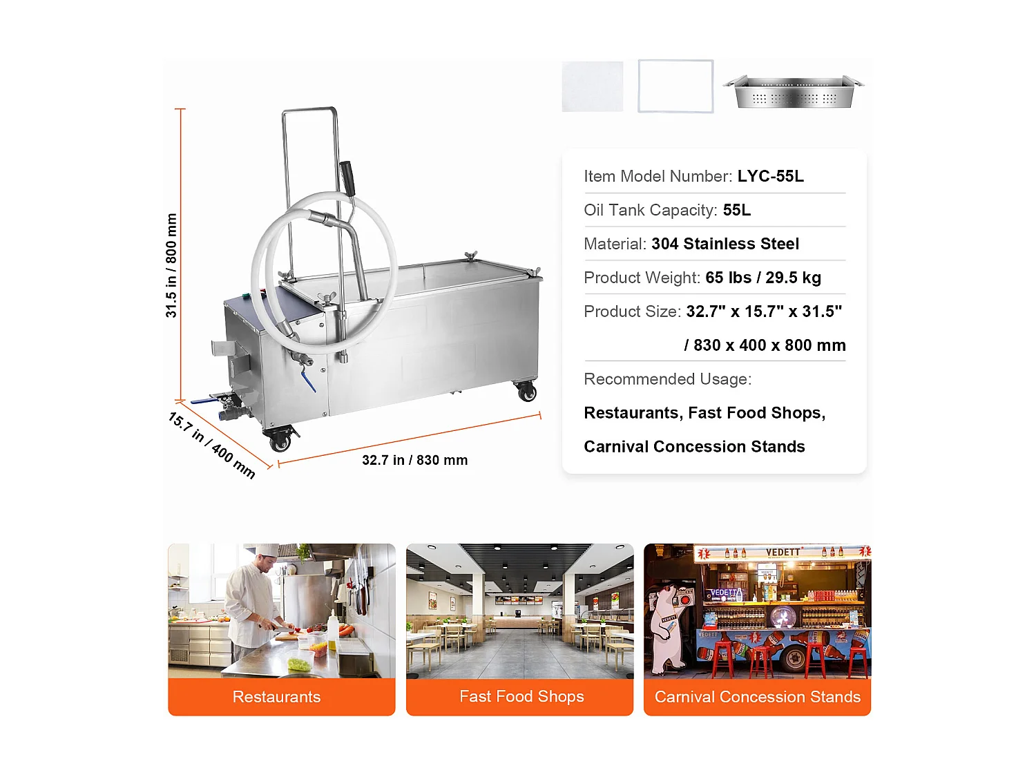 Sistema de Filtración de Aceite SucceBuy para Freidora Comercial, Capacidad de 55 L, Velocidad de Filtración de 10 L/min, con Ruedas Giratorias y Manguera