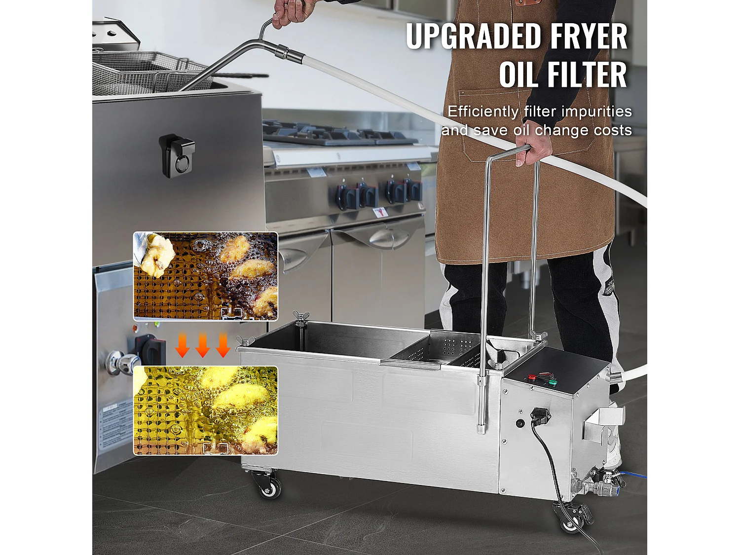 Sistema de Filtración de Aceite SucceBuy para Freidora Comercial, Capacidad de 55 L, Velocidad de Filtración de 10 L/min, con Ruedas Giratorias y Manguera