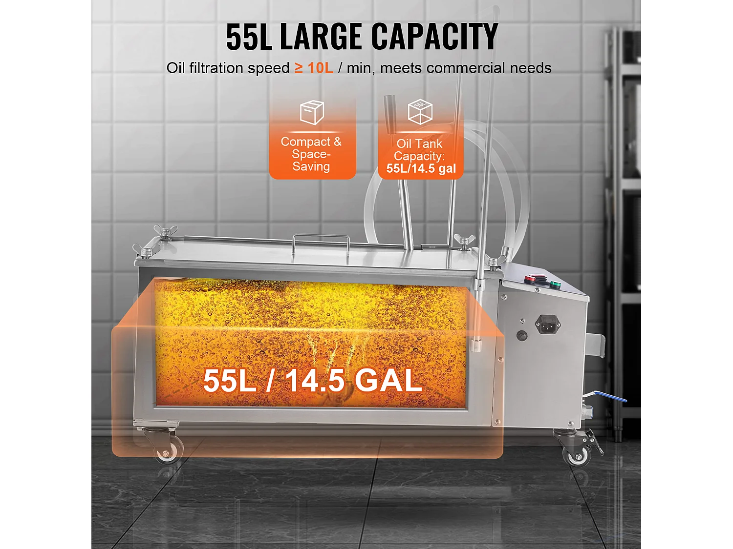 Sistema de Filtración de Aceite SucceBuy para Freidora Comercial, Capacidad de 55 L, Velocidad de Filtración de 10 L/min, con Ruedas Giratorias y Manguera