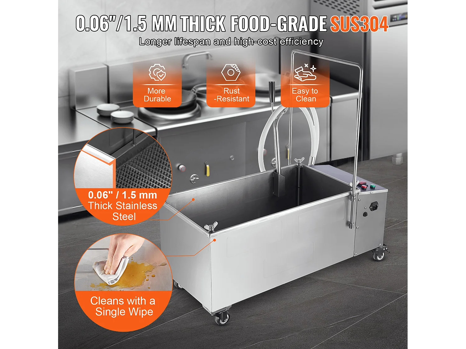 Sistema de Filtración de Aceite SucceBuy para Freidora Comercial, Capacidad de 55 L, Velocidad de Filtración de 10 L/min, con Ruedas Giratorias y Manguera