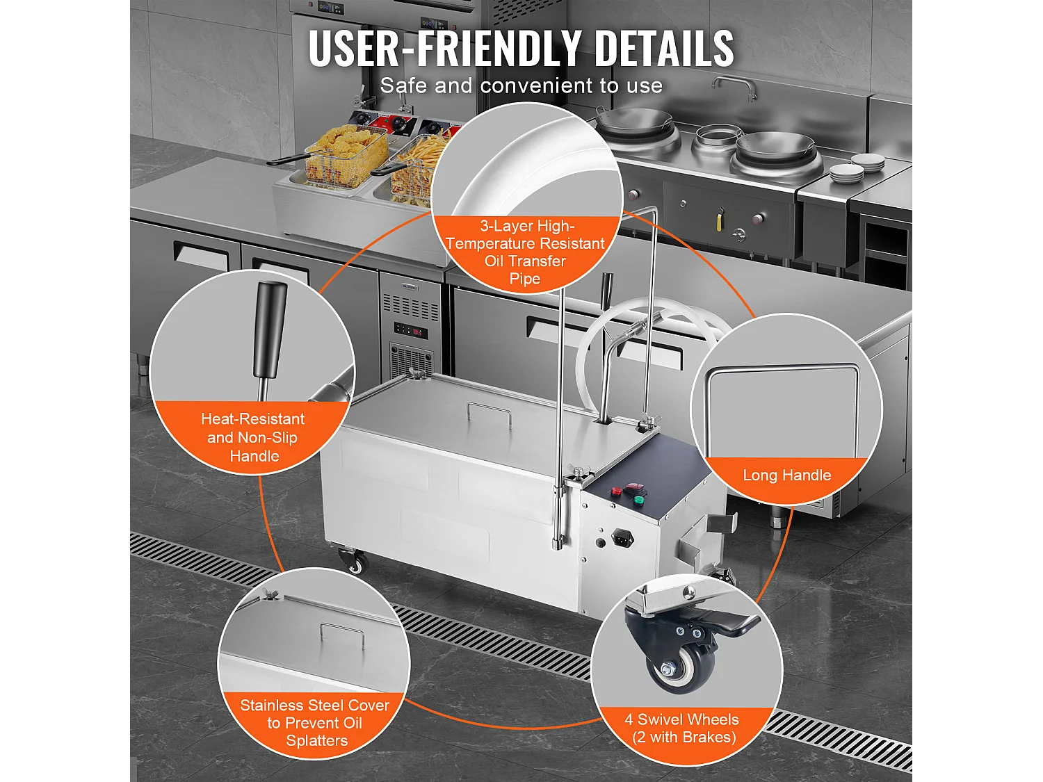 Sistema de Filtración de Aceite SucceBuy para Freidora Comercial, Capacidad de 55 L, Velocidad de Filtración de 10 L/min, con Ruedas Giratorias y Manguera