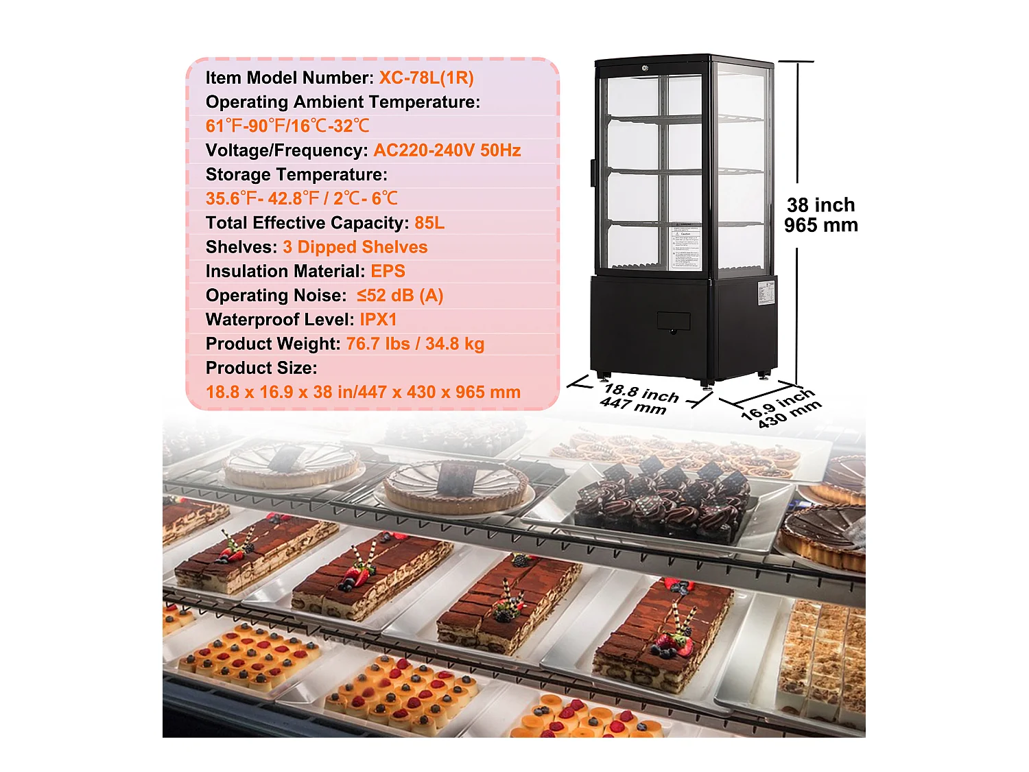 Vitrine Réfrigérée à Poser SucceBuy, Capacité 85 L, à 3 Niveaux pour Boulangerie, Magasin, Restaurant