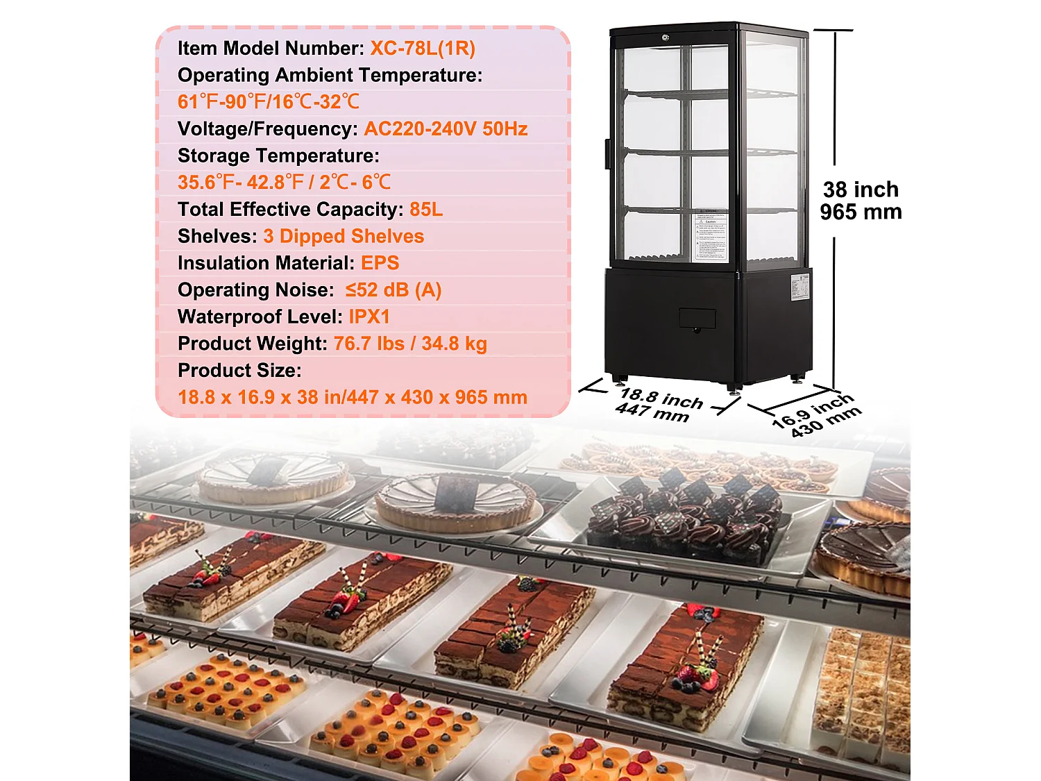 Vitrina refrigerada de mostrador SucceBuy, 85 l de capacidad, 3 niveles, para panadería, tienda y restaurante