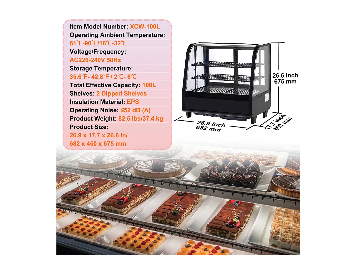 Vitrine Réfrigérée SucceBuy 100 L à 2 Niveaux, pour Boulangerie, Magasin, Restaurant