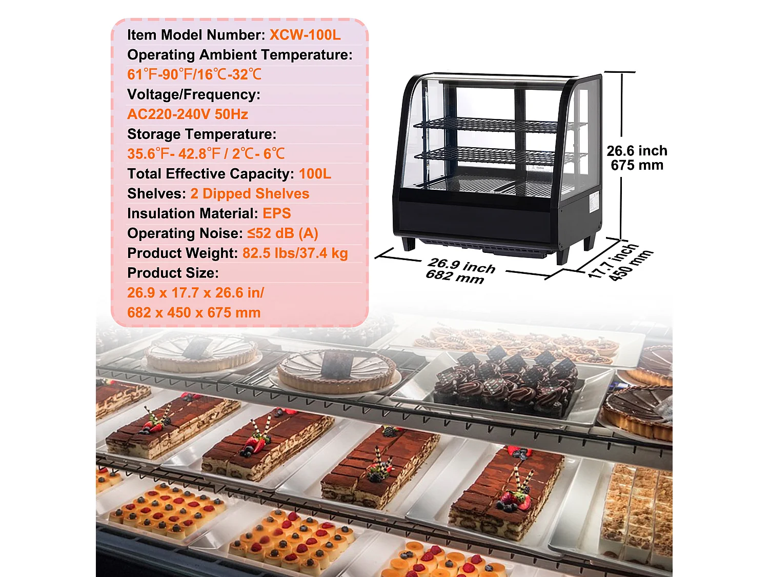Vitrine Réfrigérée SucceBuy 100 L à 2 Niveaux, pour Boulangerie, Magasin, Restaurant