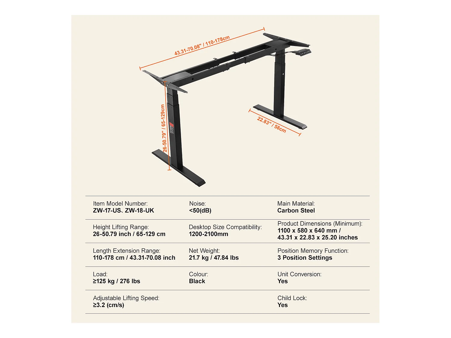 Cadre Debout de Bureau SucceBuy Cadre de Bureau Debout Électrique à Double Moteur Réglable de 65-129 cm de Hauteur, Noir