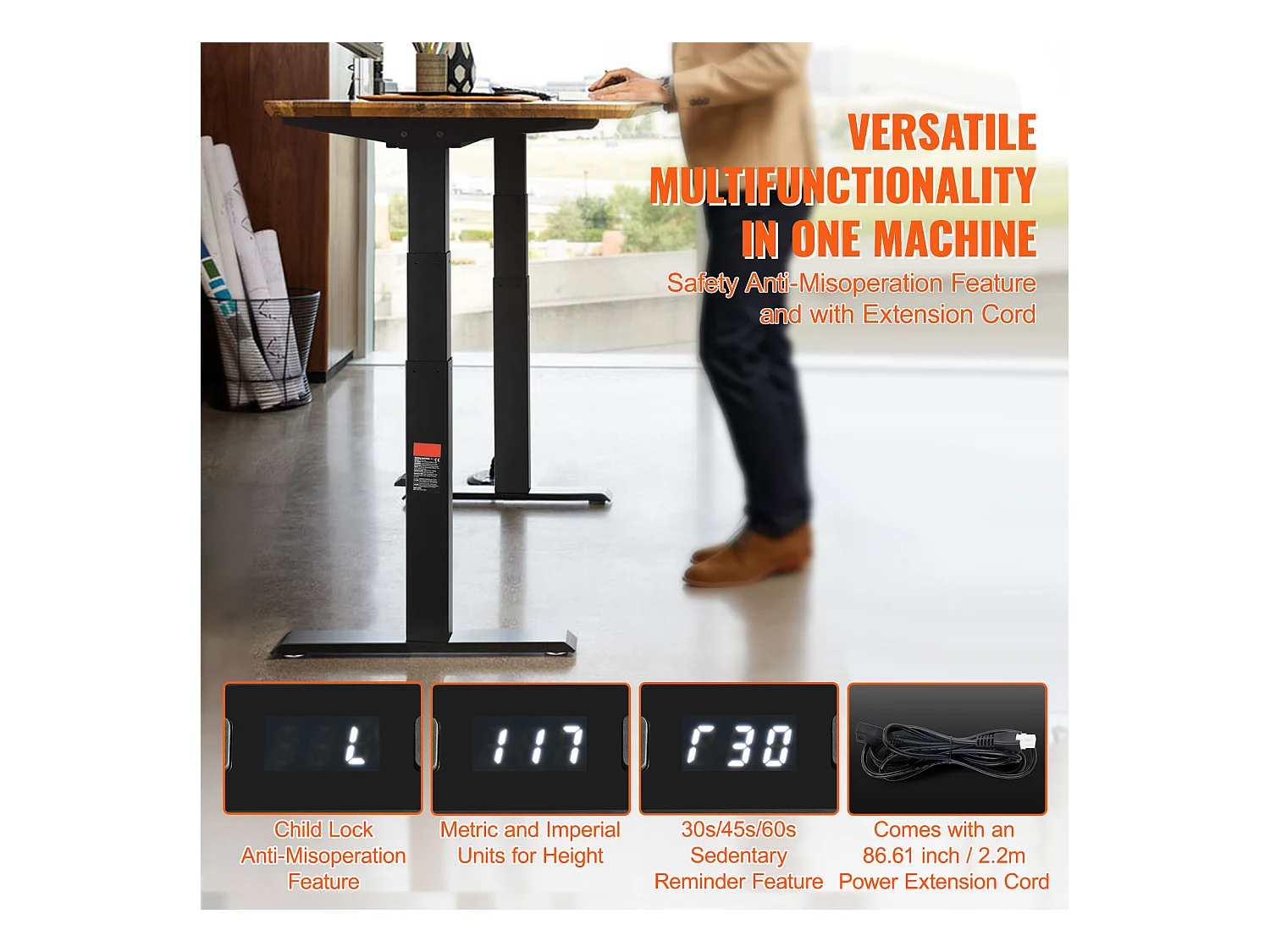 Cadre Debout de Bureau SucceBuy Cadre de Bureau Debout Électrique à Double Moteur Réglable de 65-129 cm de Hauteur, Noir