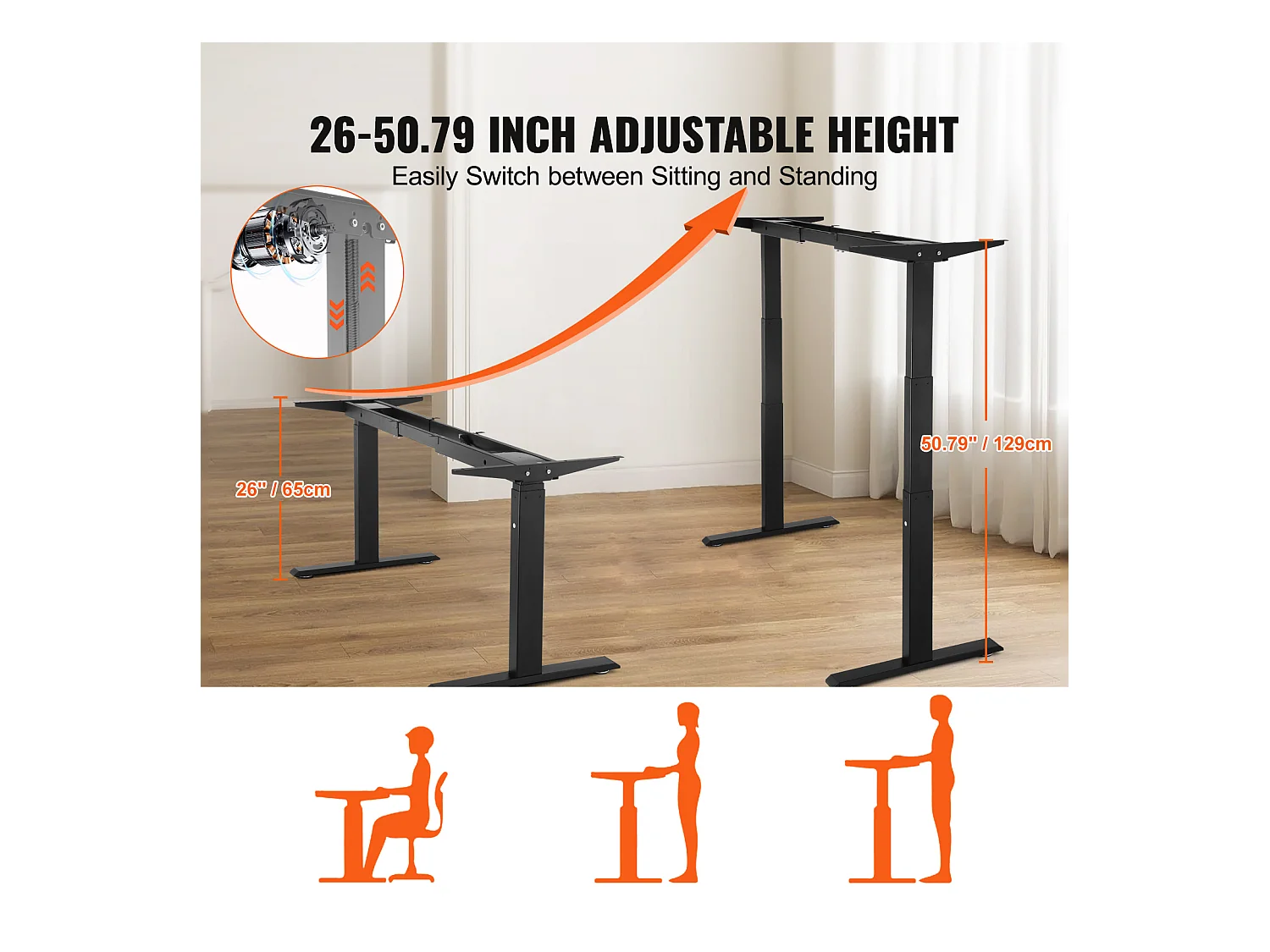 Cadre Debout de Bureau SucceBuy Cadre de Bureau Debout Électrique à Double Moteur Réglable de 65-129 cm de Hauteur, Noir