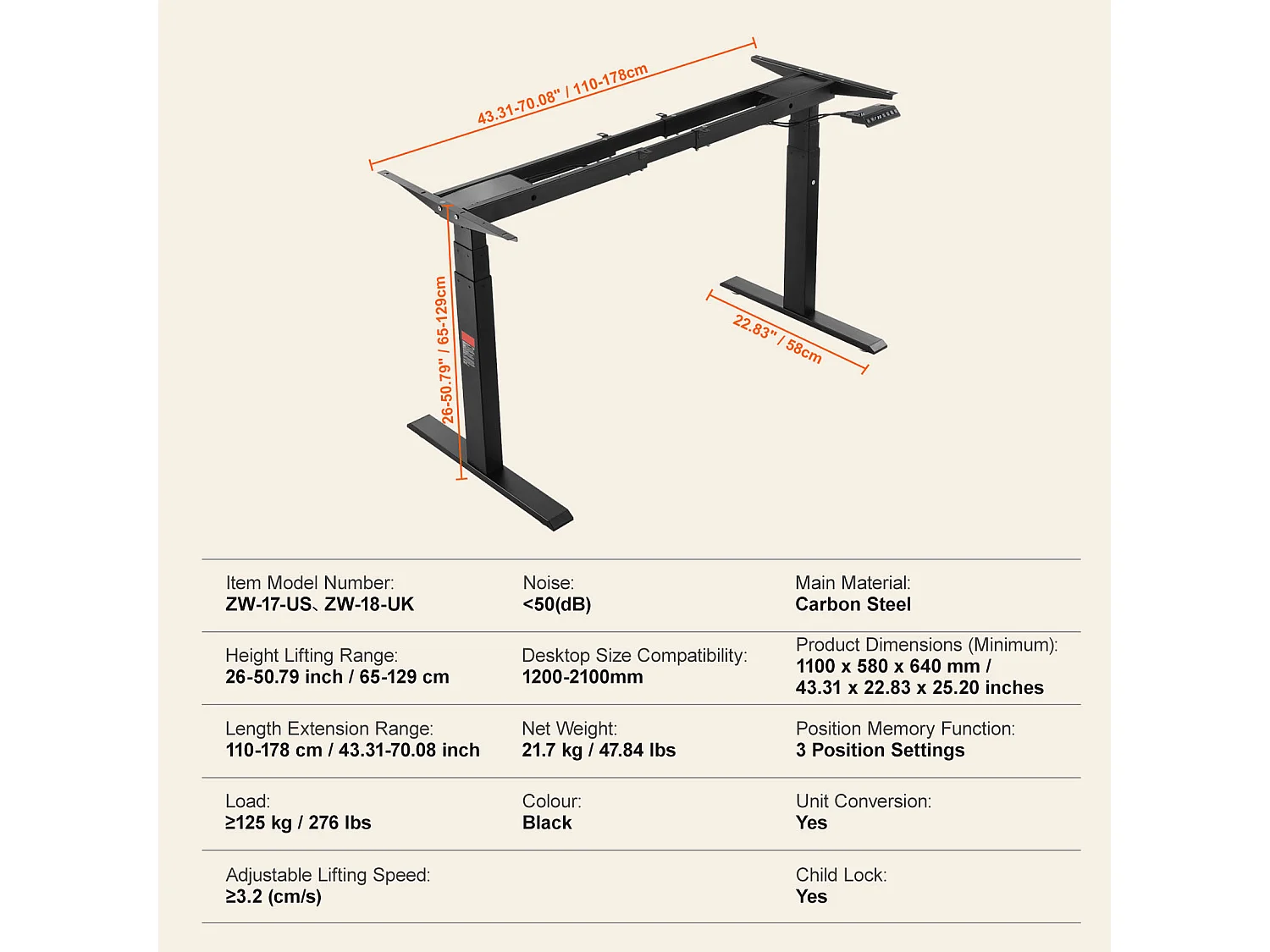 Cadre Debout de Bureau SucceBuy Cadre de Bureau Debout Électrique à Double Moteur Réglable de 65-129 cm de Hauteur, Noir