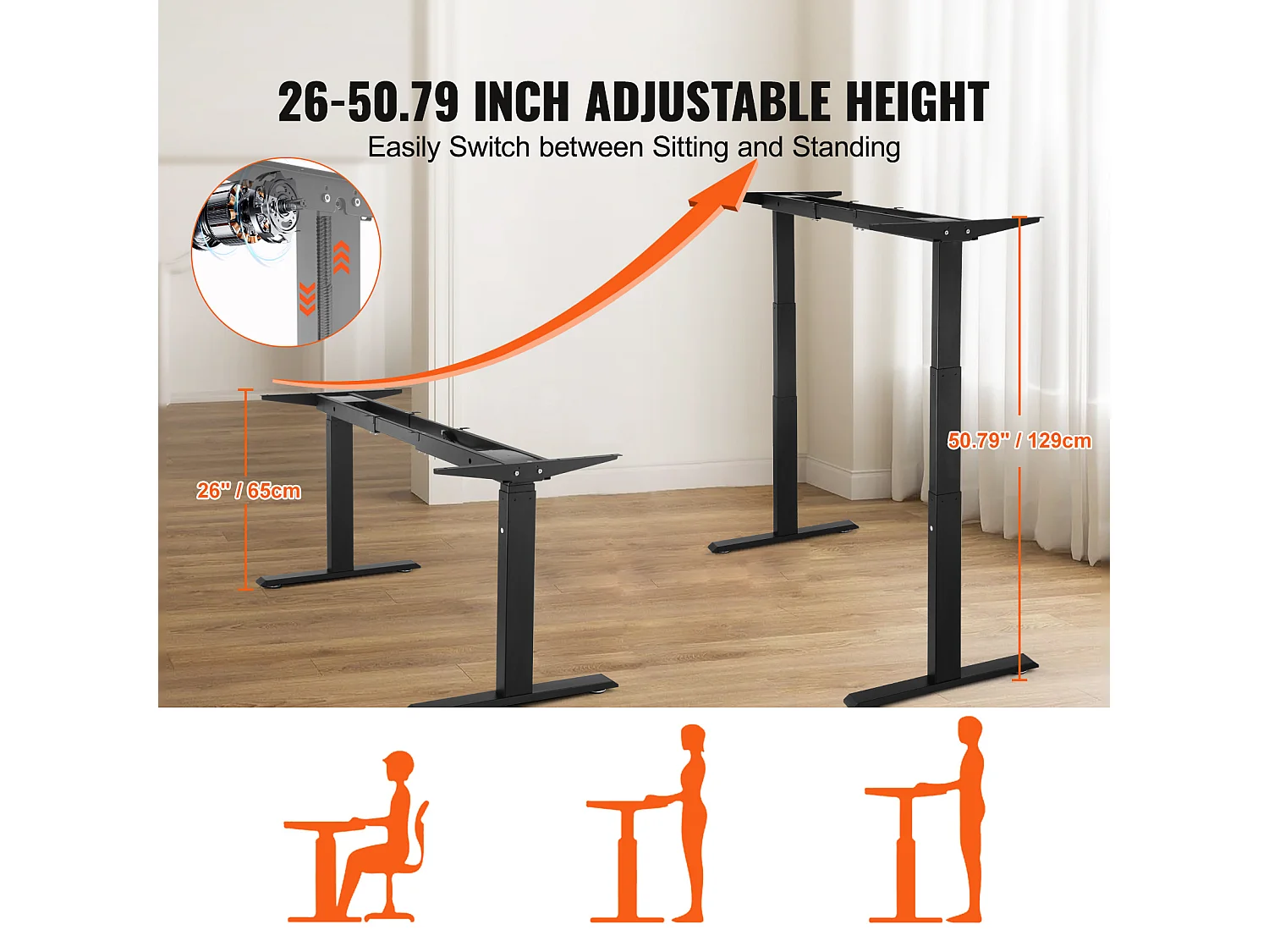 Cadre Debout de Bureau SucceBuy Cadre de Bureau Debout Électrique à Double Moteur Réglable de 65-129 cm de Hauteur, Noir