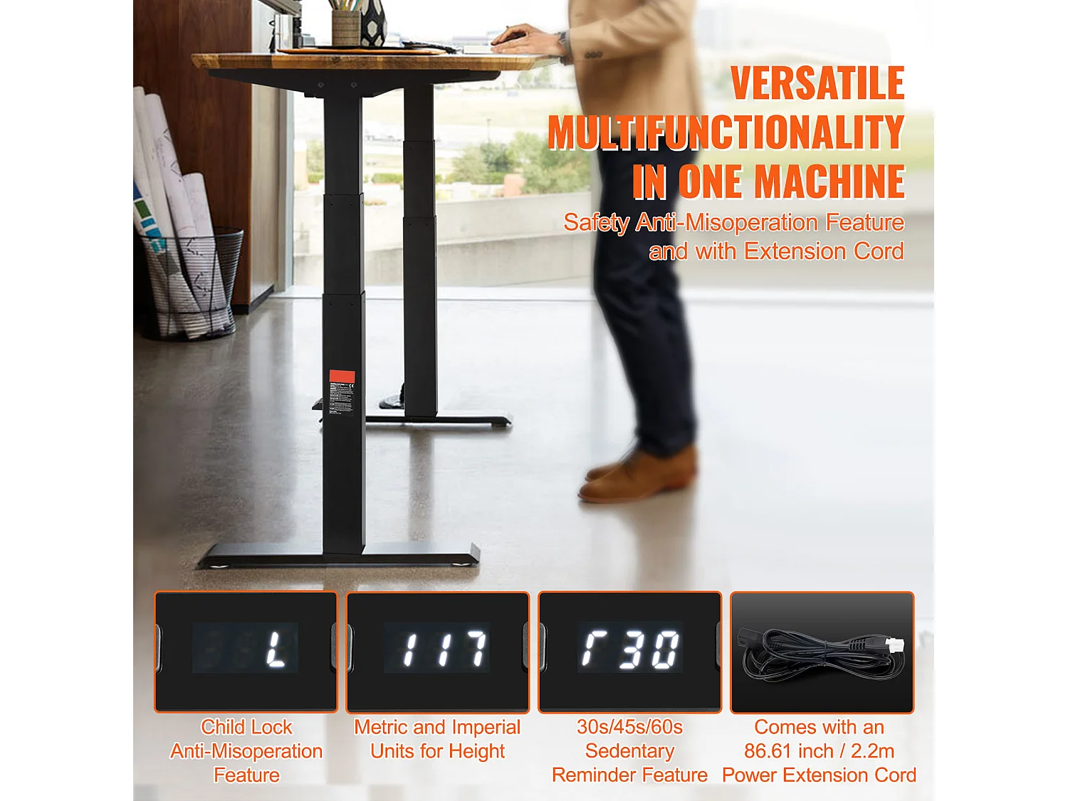 Cadre Debout de Bureau SucceBuy Cadre de Bureau Debout Électrique à Double Moteur Réglable de 65-129 cm de Hauteur, Noir