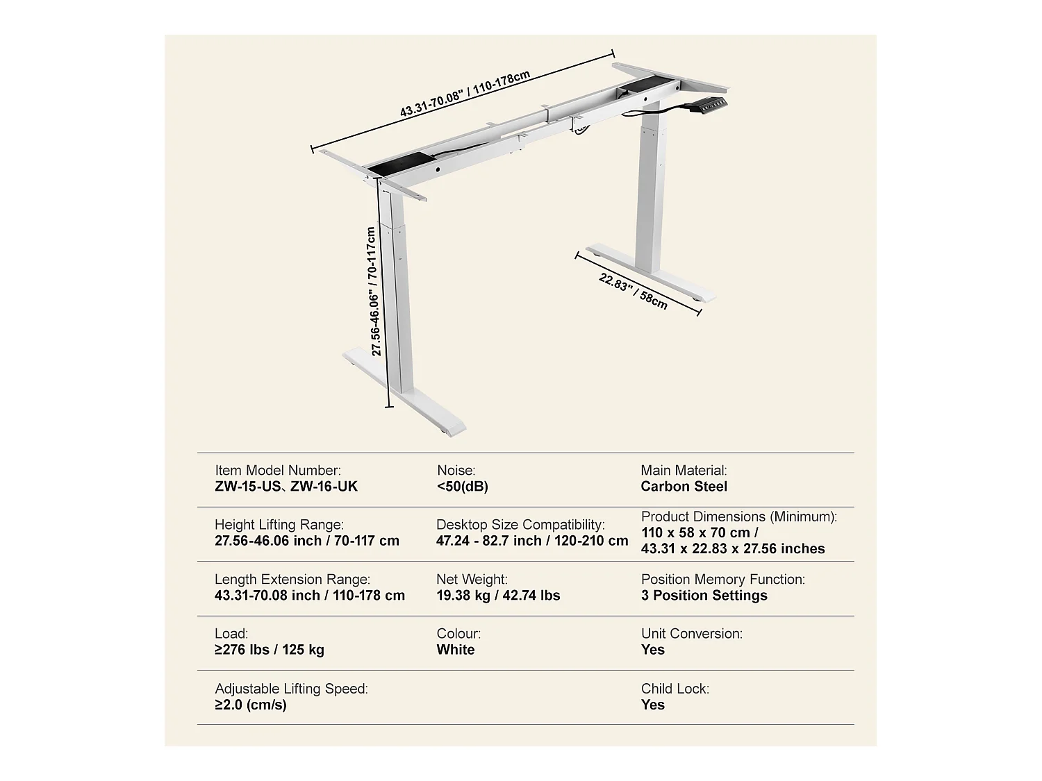 Cadre Debout de Bureau SucceBuy Cadre de Bureau Debout Électrique à Double Moteur, Blanc