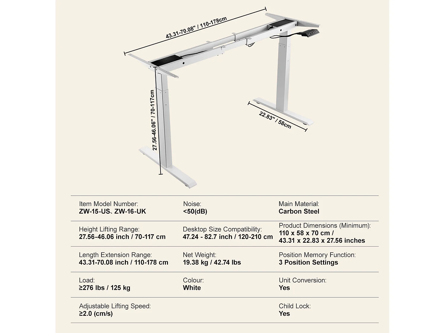 Cadre Debout de Bureau SucceBuy Cadre de Bureau Debout Électrique à Double Moteur, Blanc