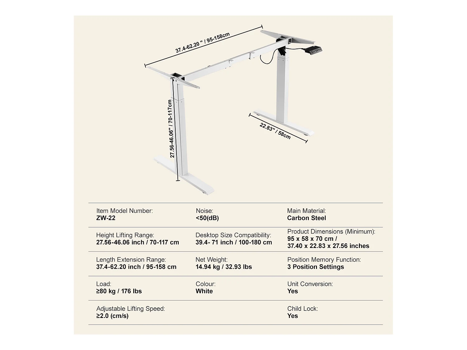 Marco de Escritorio de Pie SucceBuy Escritorio Eléctrico de Pie con Estructura Ajustable, Estación de Trabajo de 70-117 cm de Alto, Blanco
