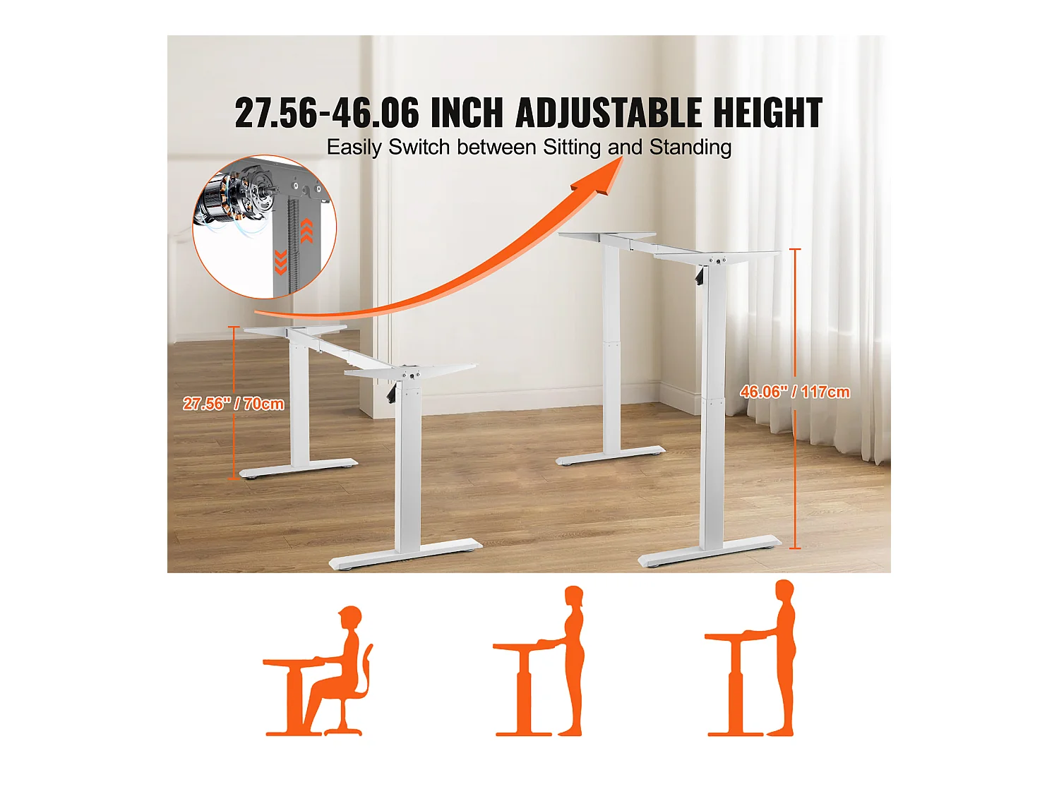 Marco de Escritorio de Pie SucceBuy Escritorio Eléctrico de Pie con Estructura Ajustable, Estación de Trabajo de 70-117 cm de Alto, Blanco