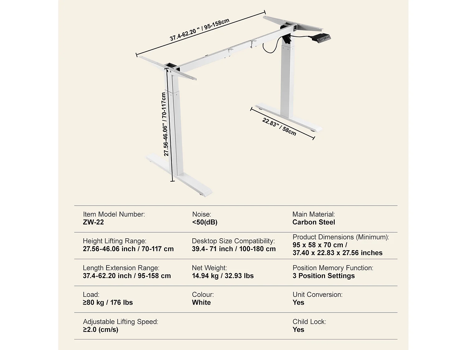 Cadre Debout de Bureau SucceBuy Bureau Debout Électrique avec Cadre Réglable 70-117 cm H Poste de Travail Blanc