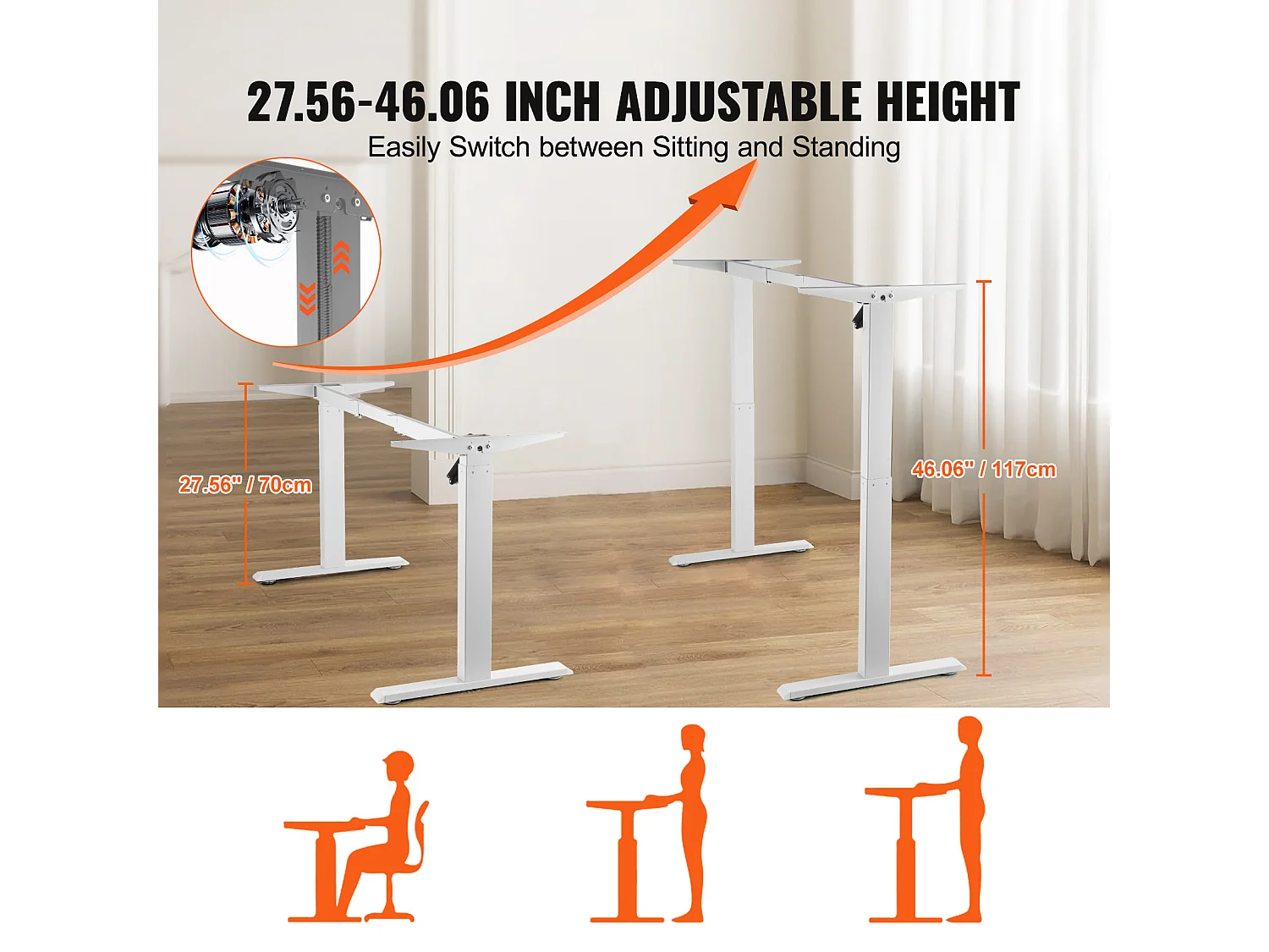 Cadre Debout de Bureau SucceBuy Bureau Debout Électrique avec Cadre Réglable 70-117 cm H Poste de Travail Blanc