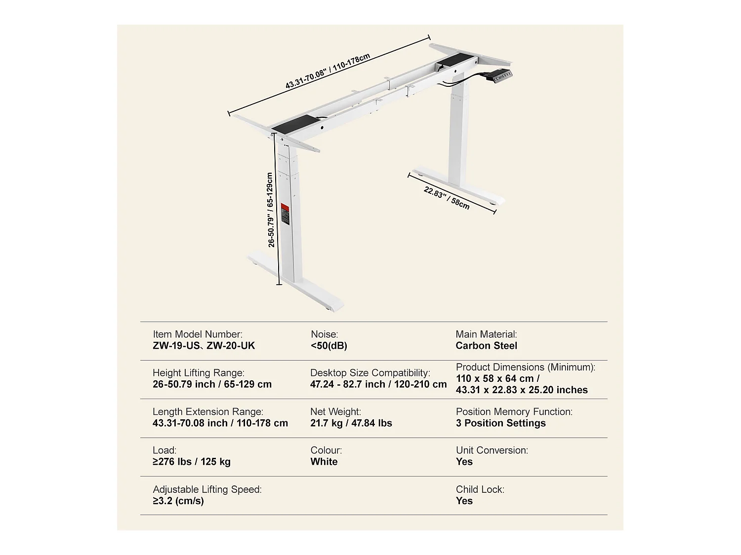 Cadre Debout de Bureau SucceBuy Cadre de Bureau Debout Électrique, Réglable de 65-129 cm de Hauteur, Double Moteur