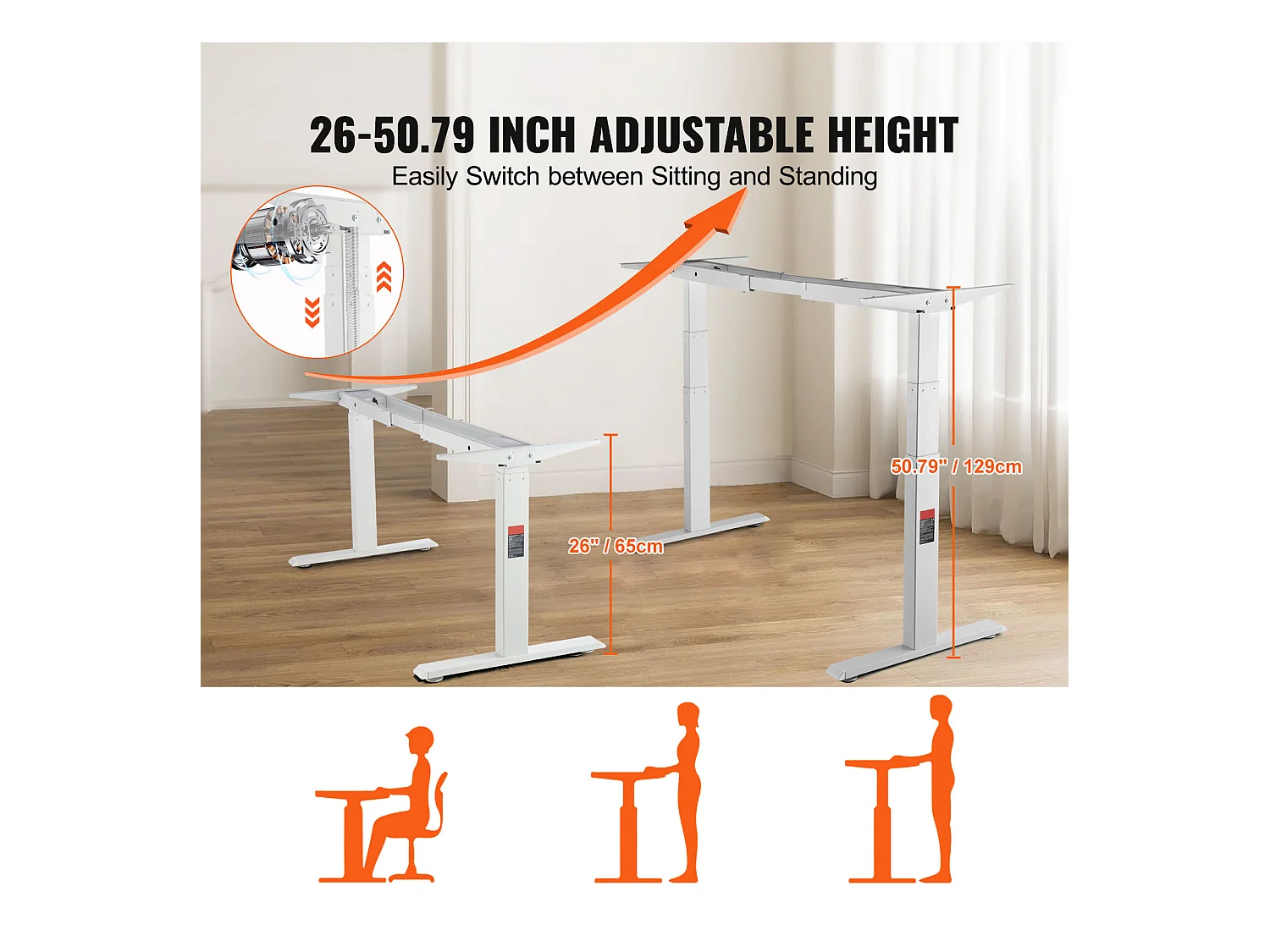 Cadre Debout de Bureau SucceBuy Cadre de Bureau Debout Électrique, Réglable de 65-129 cm de Hauteur, Double Moteur