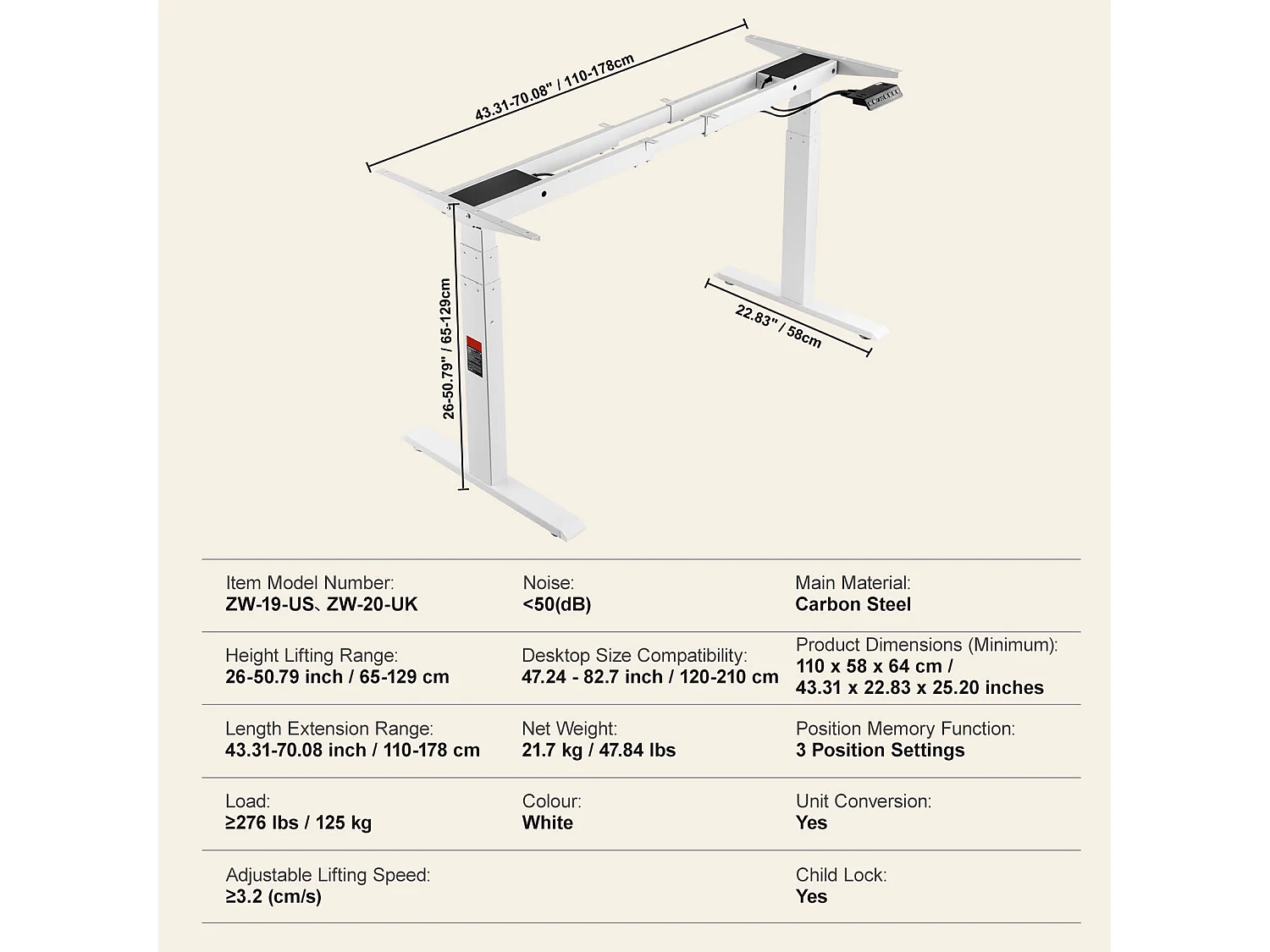 Cadre Debout de Bureau SucceBuy Cadre de Bureau Debout Électrique, Réglable de 65-129 cm de Hauteur, Double Moteur